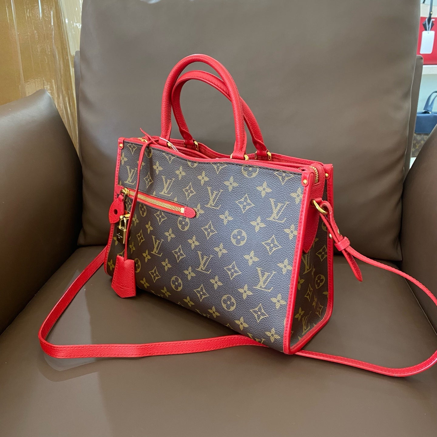 Louis Vuitton - Monogram Canvas Red Trim Top Handle Bag - Monogram coated canvas and leather - Brown and Red - (Medium)