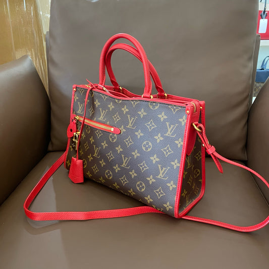 Louis Vuitton - Monogram Canvas Red Trim Top Handle Bag - Monogram coated canvas and leather - Brown and Red - (Medium)