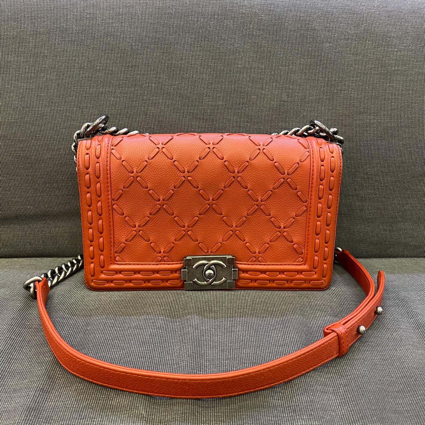 Chanel - Boy Bag - Grained calfskin leather - Orange with Ruthenium-Tone Hardware - (mini)