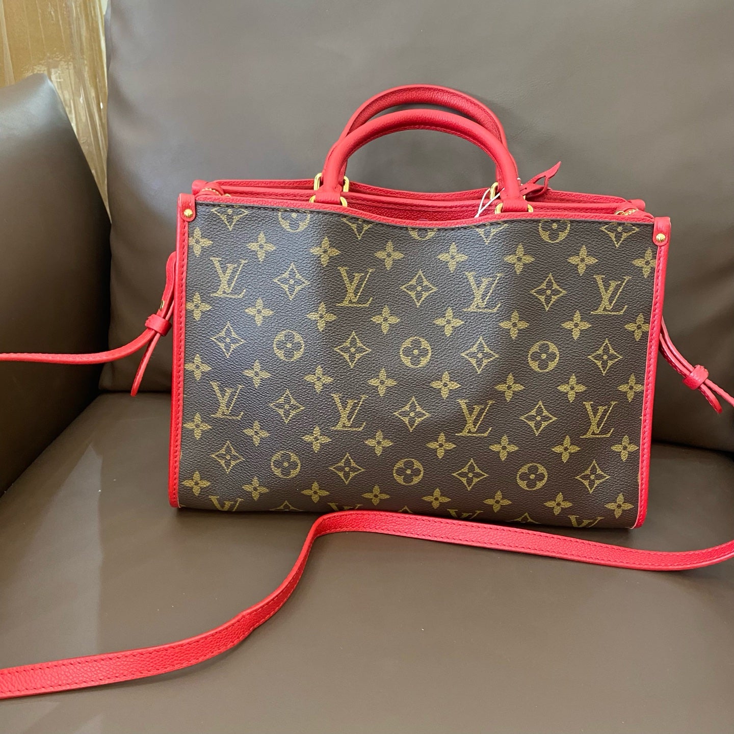 Louis Vuitton - Monogram Canvas Red Trim Top Handle Bag - Monogram coated canvas and leather - Brown and Red - (Medium)
