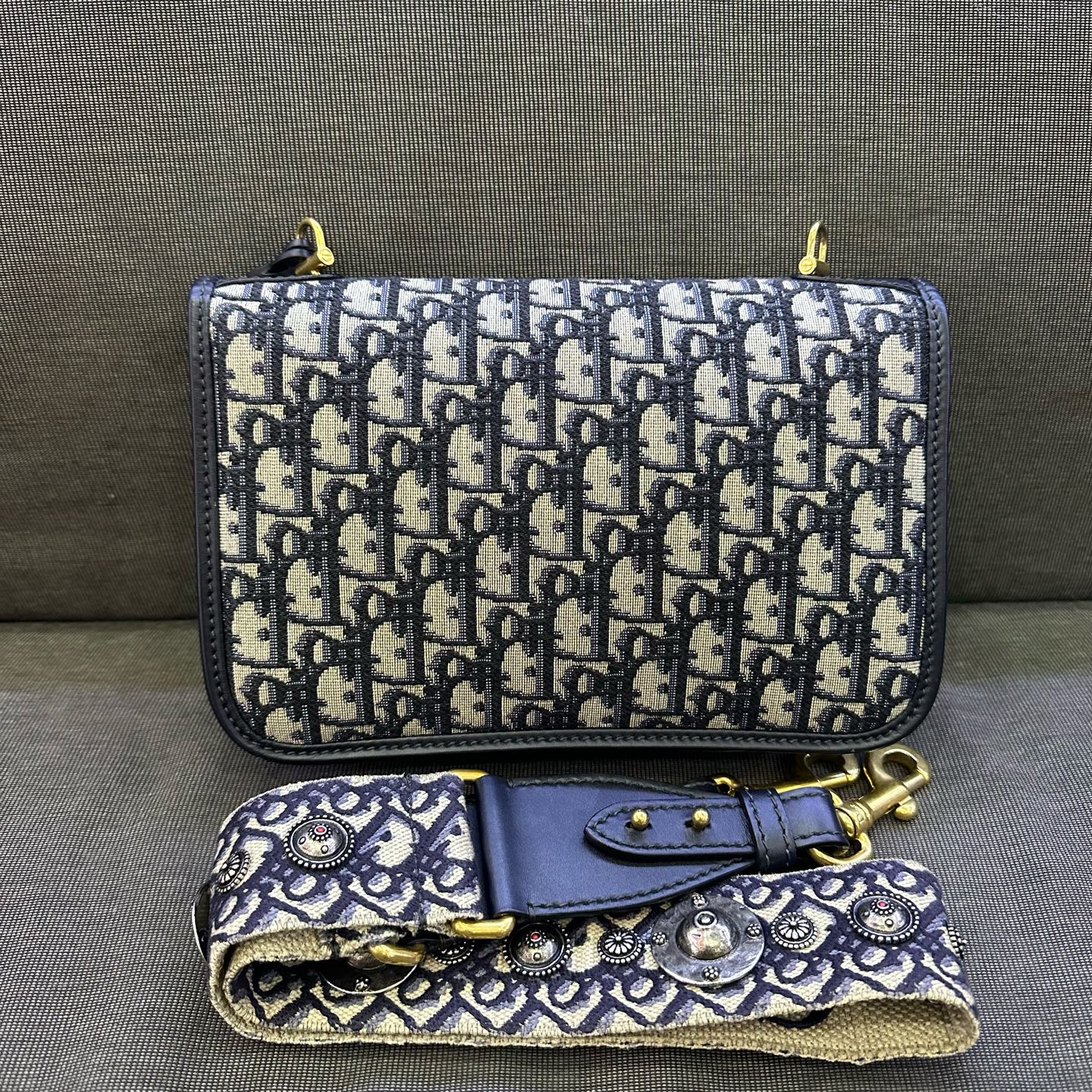 Dior - Addict Messenger Bag - Oblique canvas with leather trim - Navy and Beige - (small)