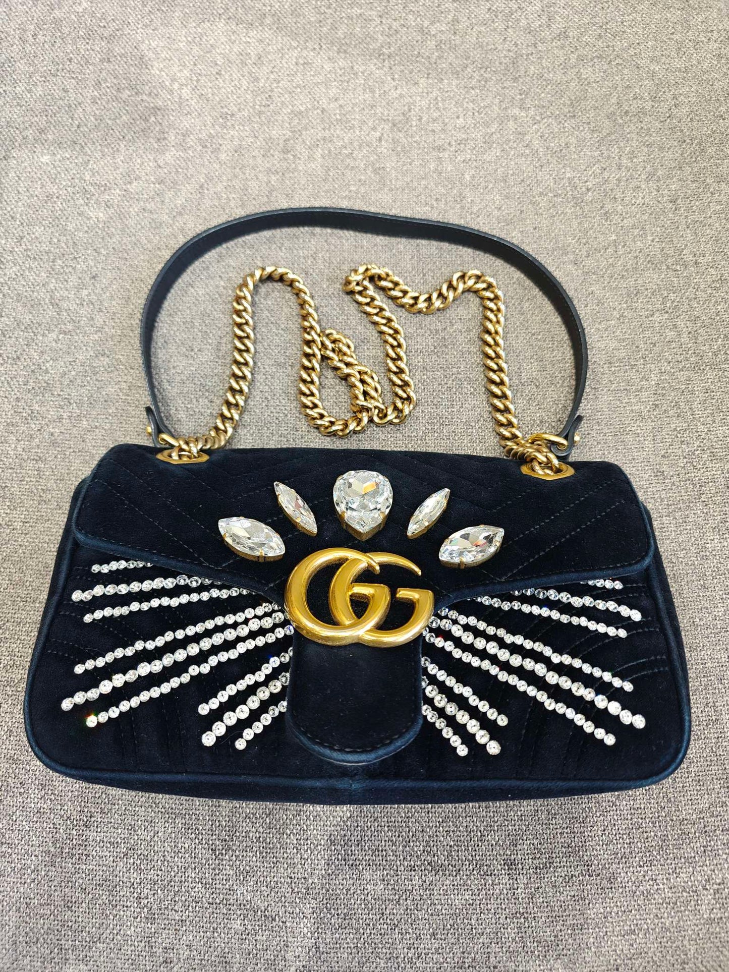 Gucci - GG Marmont 26 Rhinestone Velvet Shoulder/Crossbody Bag - Velvet - Black - (Medium)