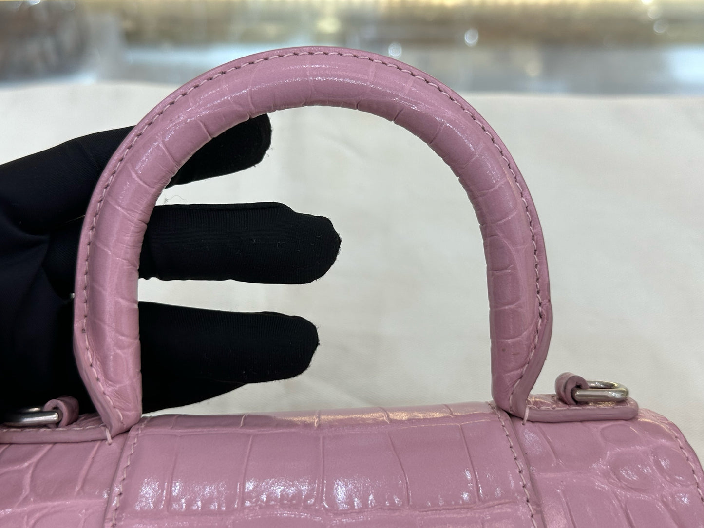 Balenciaga - Hourglass Bag XS - Patent leather with crocodile embossing - Pink with Silver-tone Hardware - (mini)