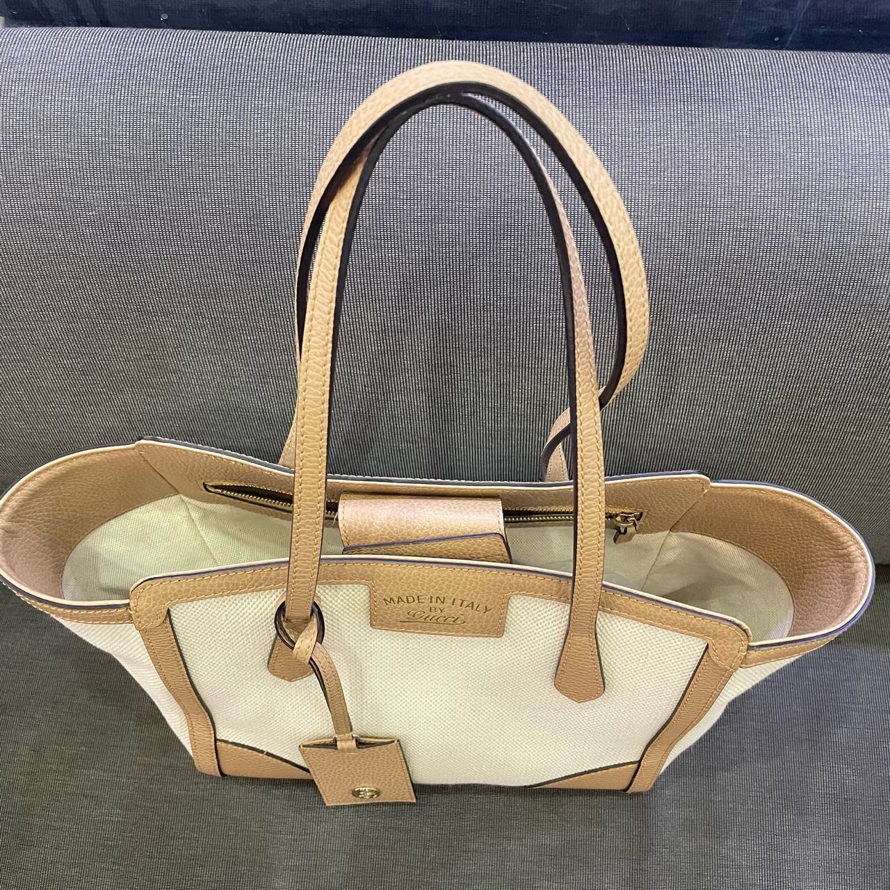 Gucci - Canvas and Leather Trim Tote Bag - Cotton canvas with pebbled leather trim - Beige - (medium)