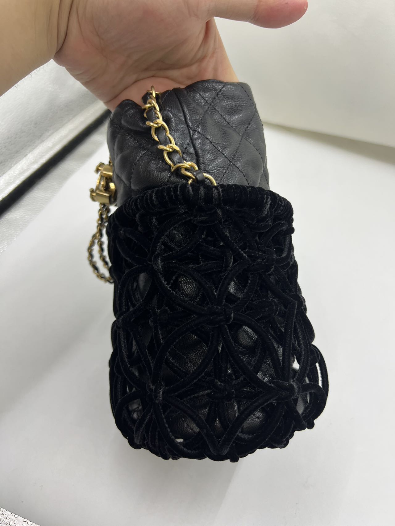 Chanel - Bucket Bag - Velvet mesh and quilted lambskin leather - Black - (mini)