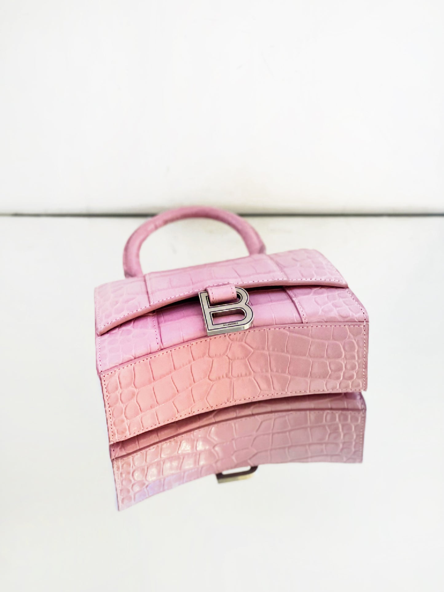 Balenciaga - Hourglass Bag XS - Patent leather with crocodile embossing - Pink with Silver-tone Hardware - (mini)