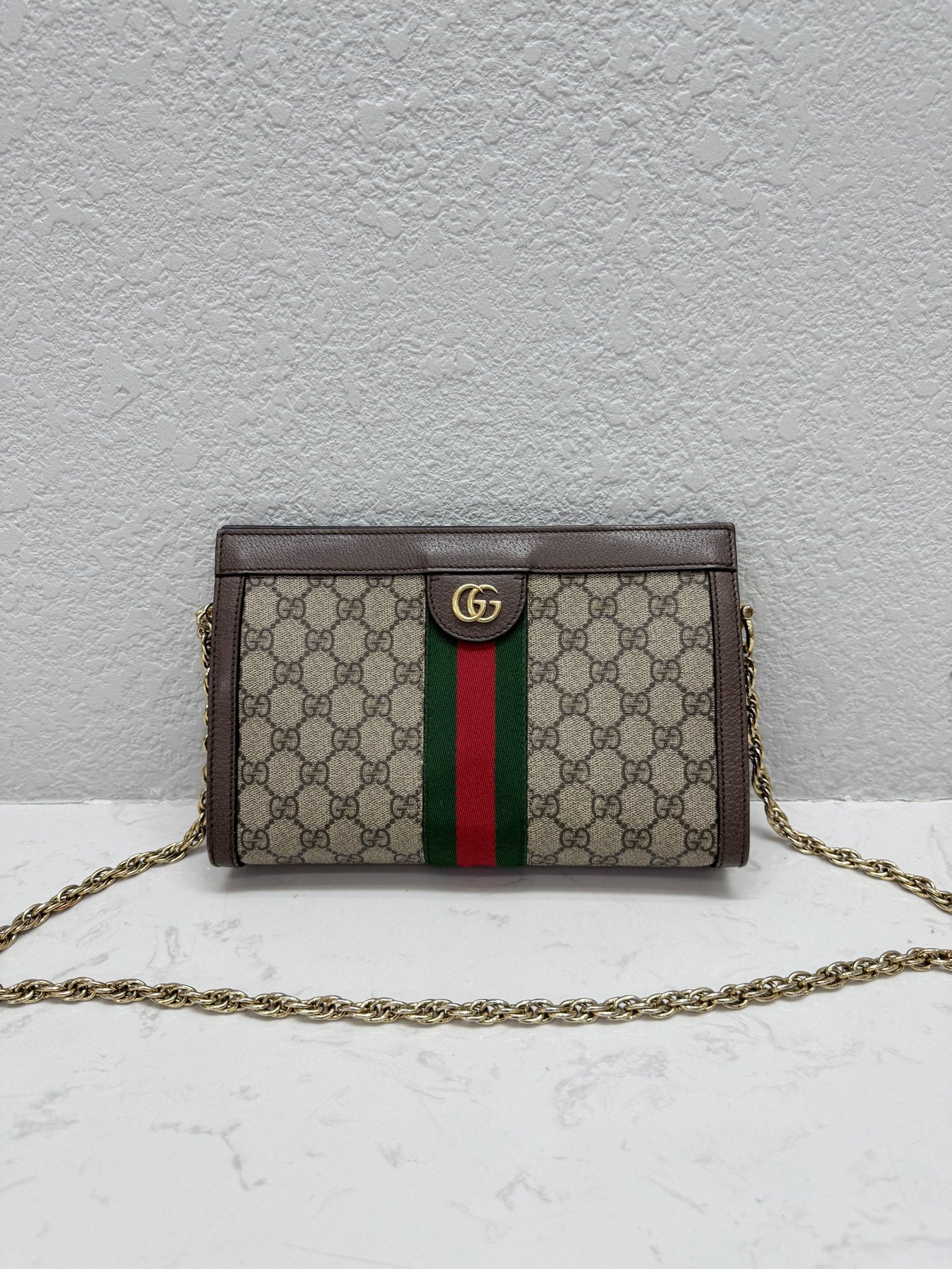 Gucci - Ophidia Chain Bag Small - GG Supreme canvas and Leather - Beige and Brown with Green and Red Stripe - (small)