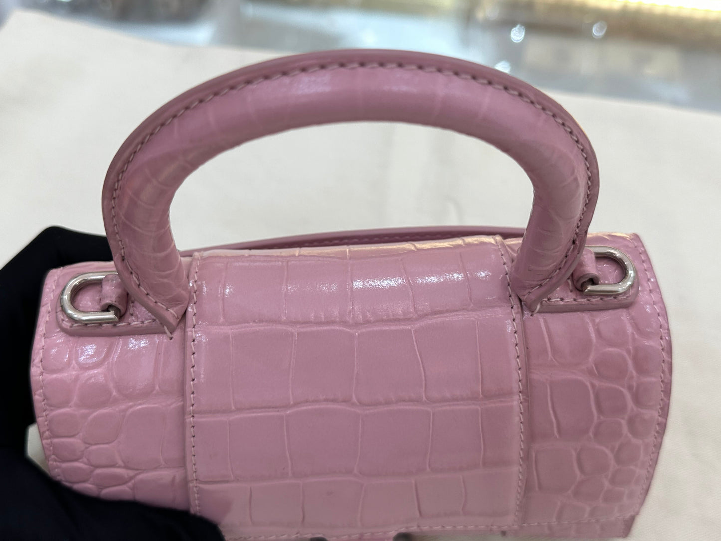 Balenciaga - Hourglass Bag XS - Patent leather with crocodile embossing - Pink with Silver-tone Hardware - (mini)
