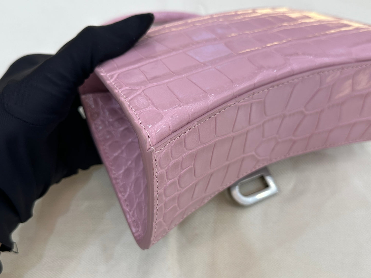 Balenciaga - Hourglass Bag XS - Patent leather with crocodile embossing - Pink with Silver-tone Hardware - (mini)