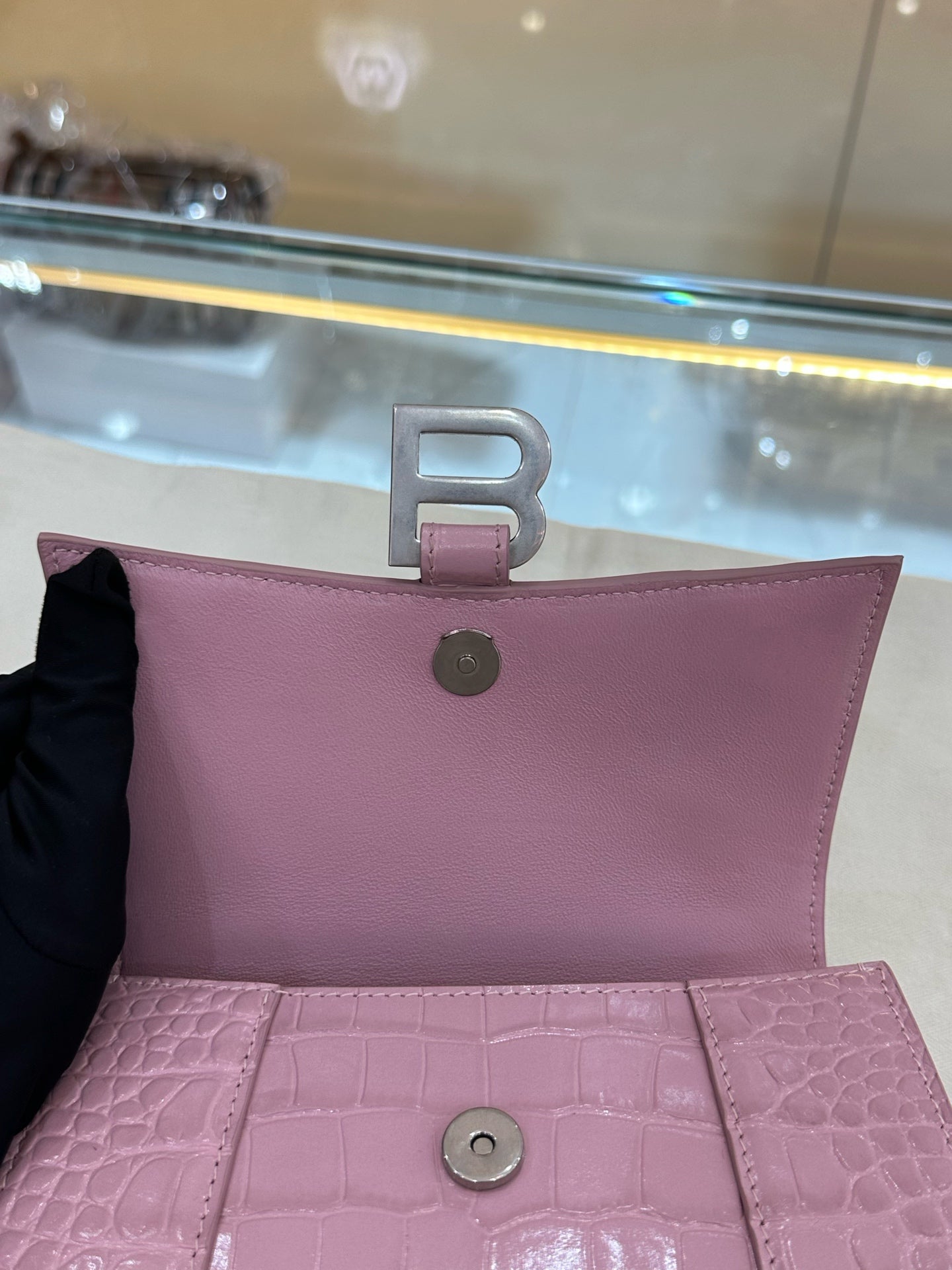 Balenciaga - Hourglass Bag XS - Patent leather with crocodile embossing - Pink with Silver-tone Hardware - (mini)