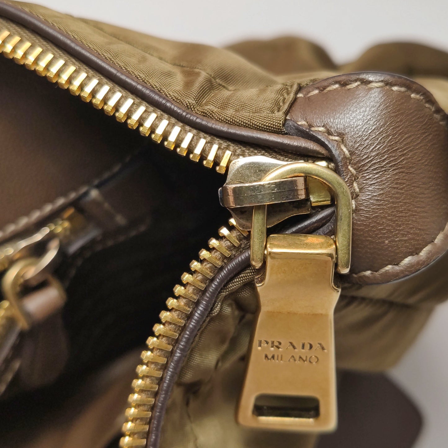 Prada - Nylon Top Handle Bag - Nylon and Leather - Olive Green with Brown Accents - (Medium)