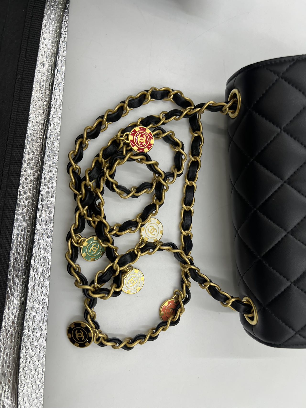 Chanel - Rectangular Mini Flap Bag with Coin Charm Chain - Lambskin leather - Black - (mini)