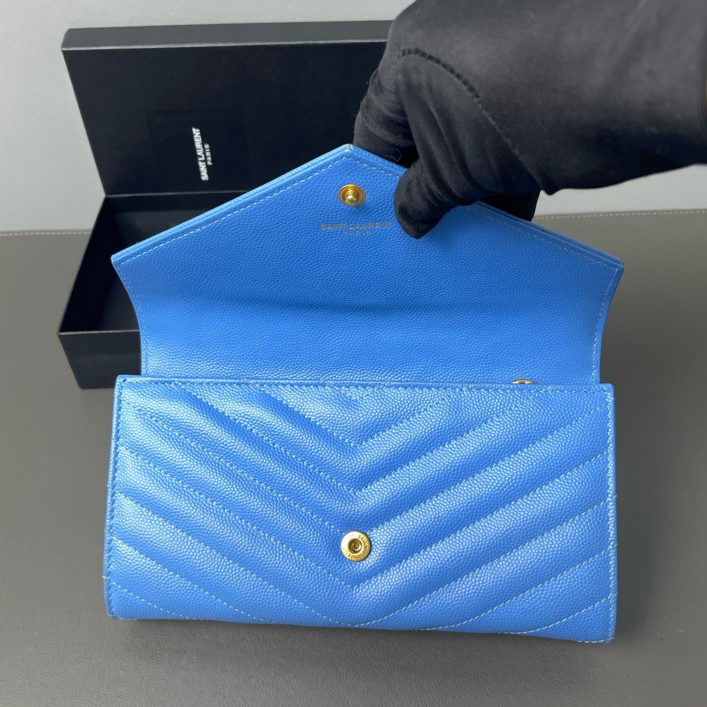 Saint Laurent - Monogram Flap Wallet - Grained Calfskin Leather - Blue - (Medium)
