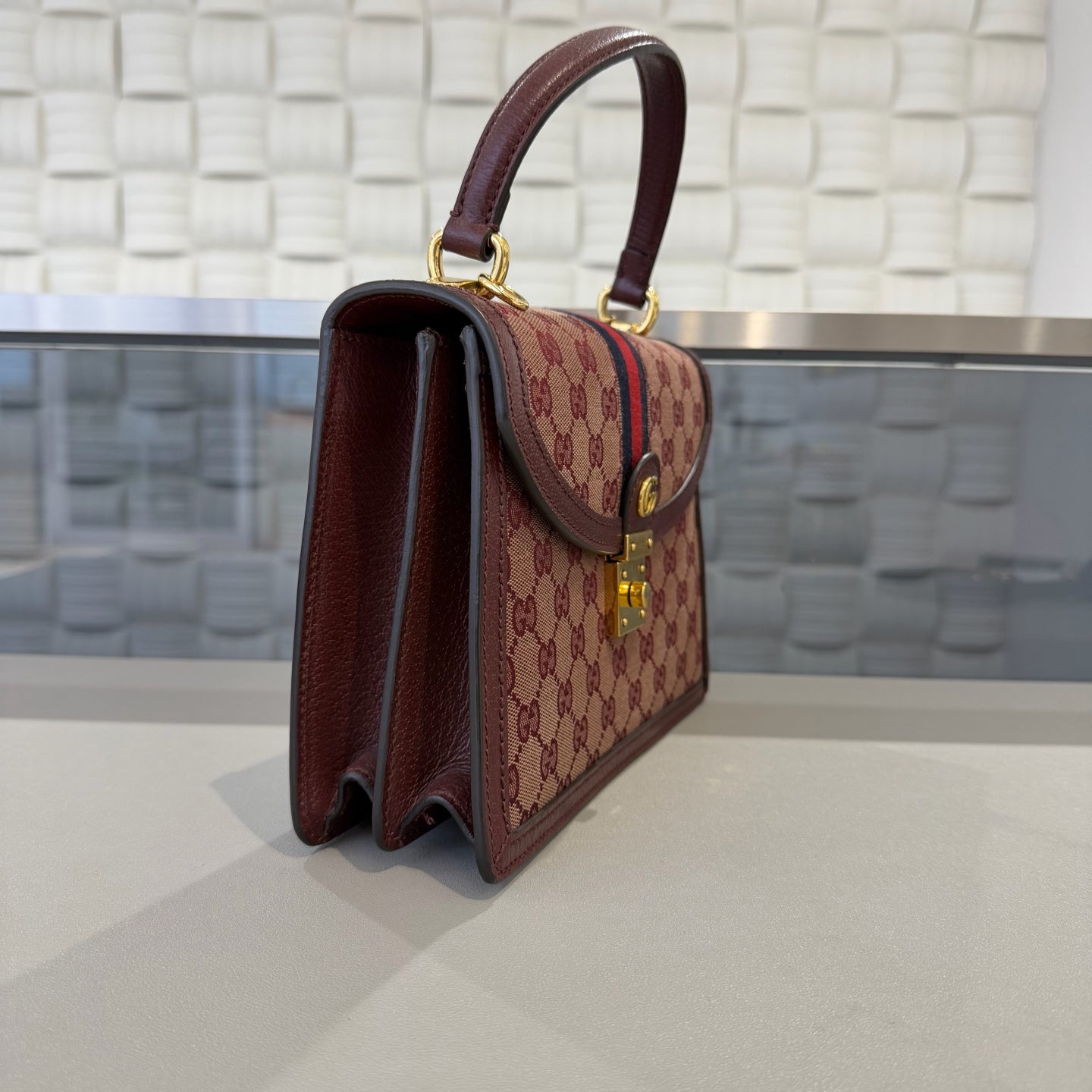 Gucci - Ophidia Top Handle Bag - GG Supreme canvas with leather trim - Burgundy - (medium)