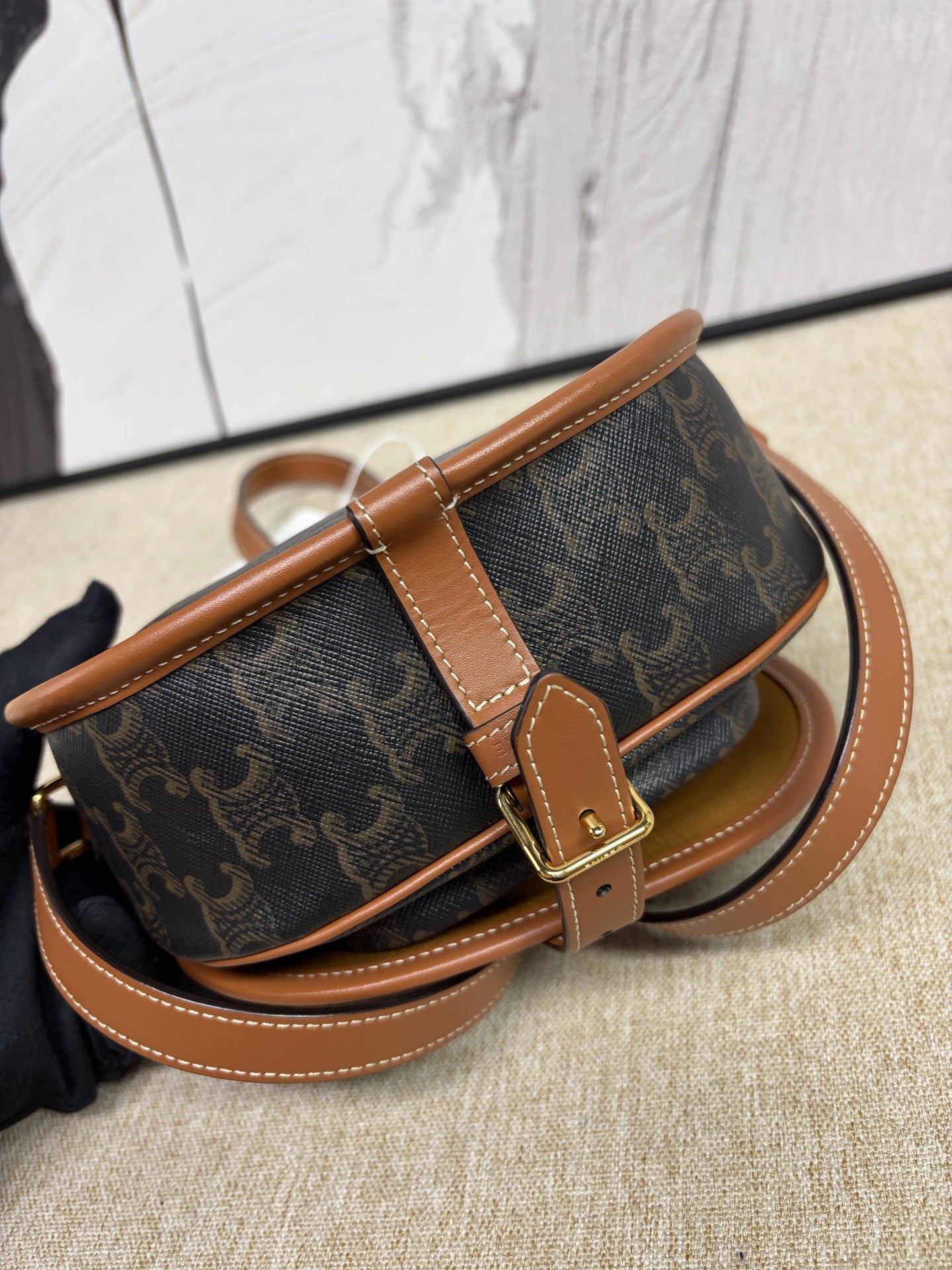 Celine - Triomphe Monogram Saddle Bag - Triomphe Canvas with Calfskin Leather Trim - Brown - (Small)