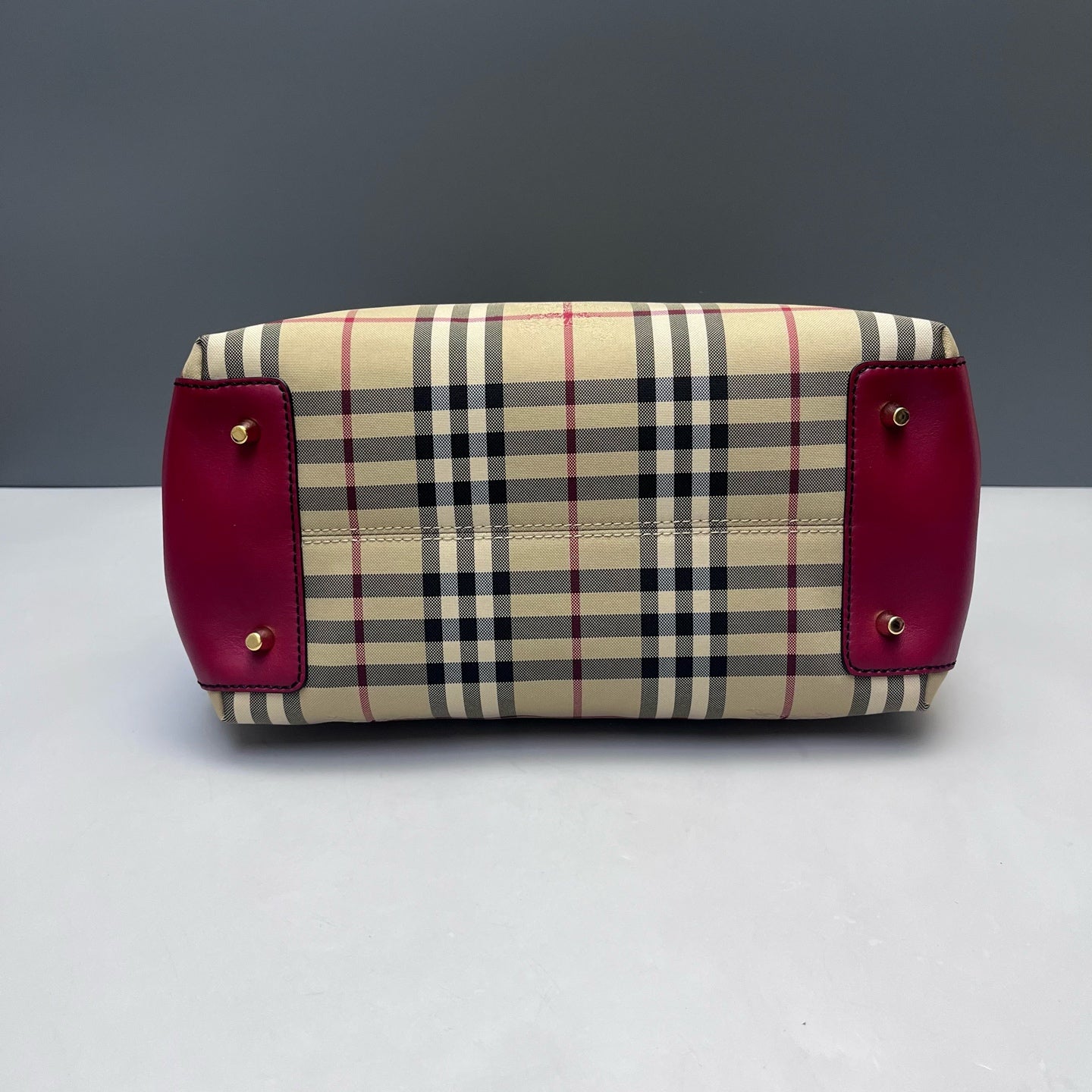 Burberry - Classic Check Tote Bag - Canvas and Leather - Beige with Burgundy Accents - (medium)