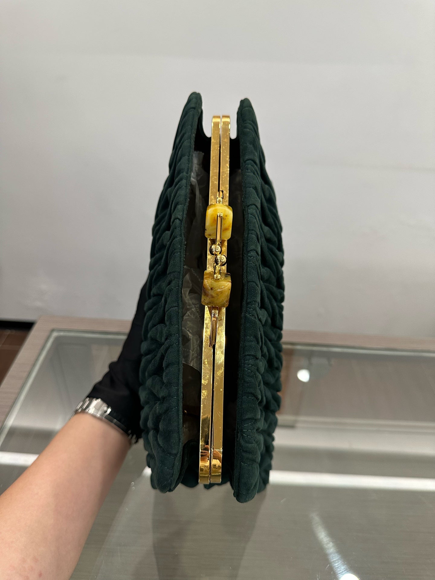 Miu Miu - Velvet Matelassé Frame Clutch with Resin Button - Velvet - Green - (Medium)