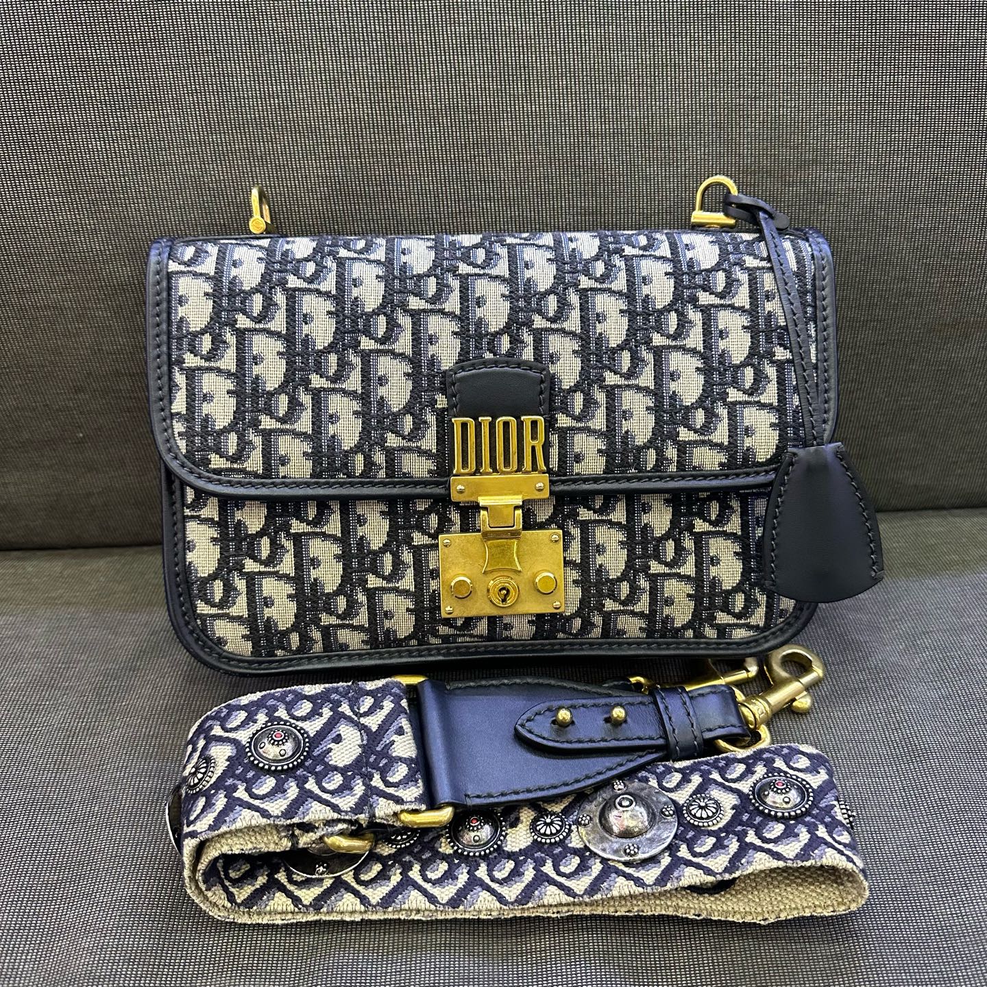 Dior - Addict Messenger Bag - Oblique canvas with leather trim - Navy and Beige - (small)
