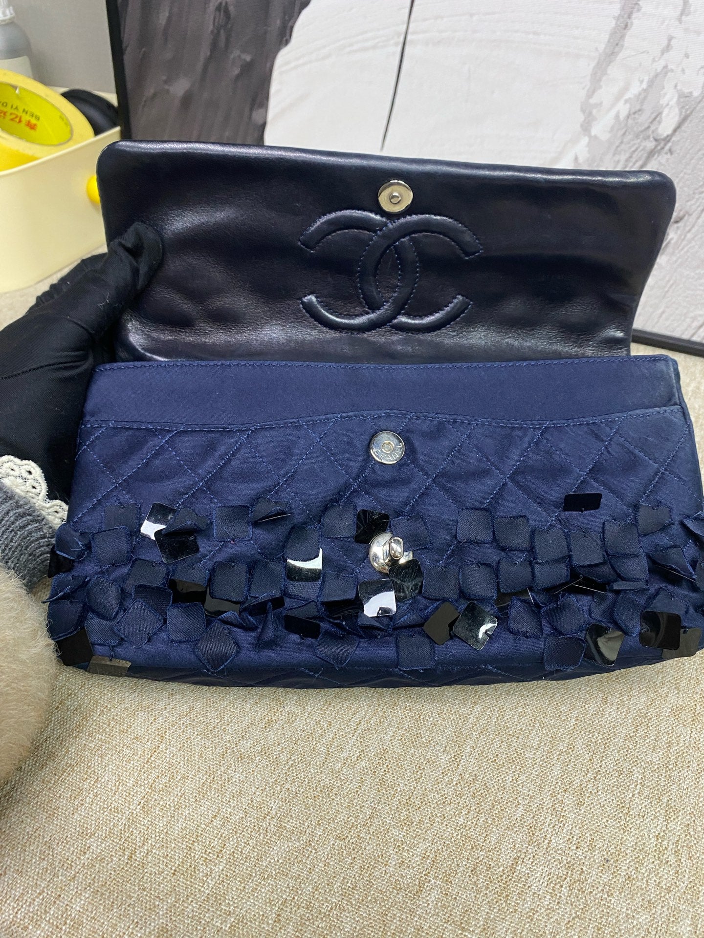 Chanel - Classic Flap Medium Sequined Canvas - Sequined canvas with leather interior - Navy with Silver-Tone Hardware - (Medium)