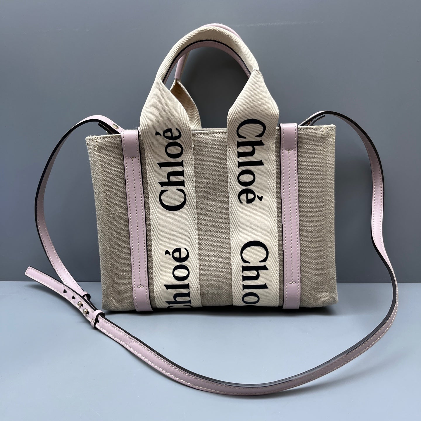 Chloe - Woody Tote Bag - Canvas and Leather - Beige with Pink Accents - (Small)