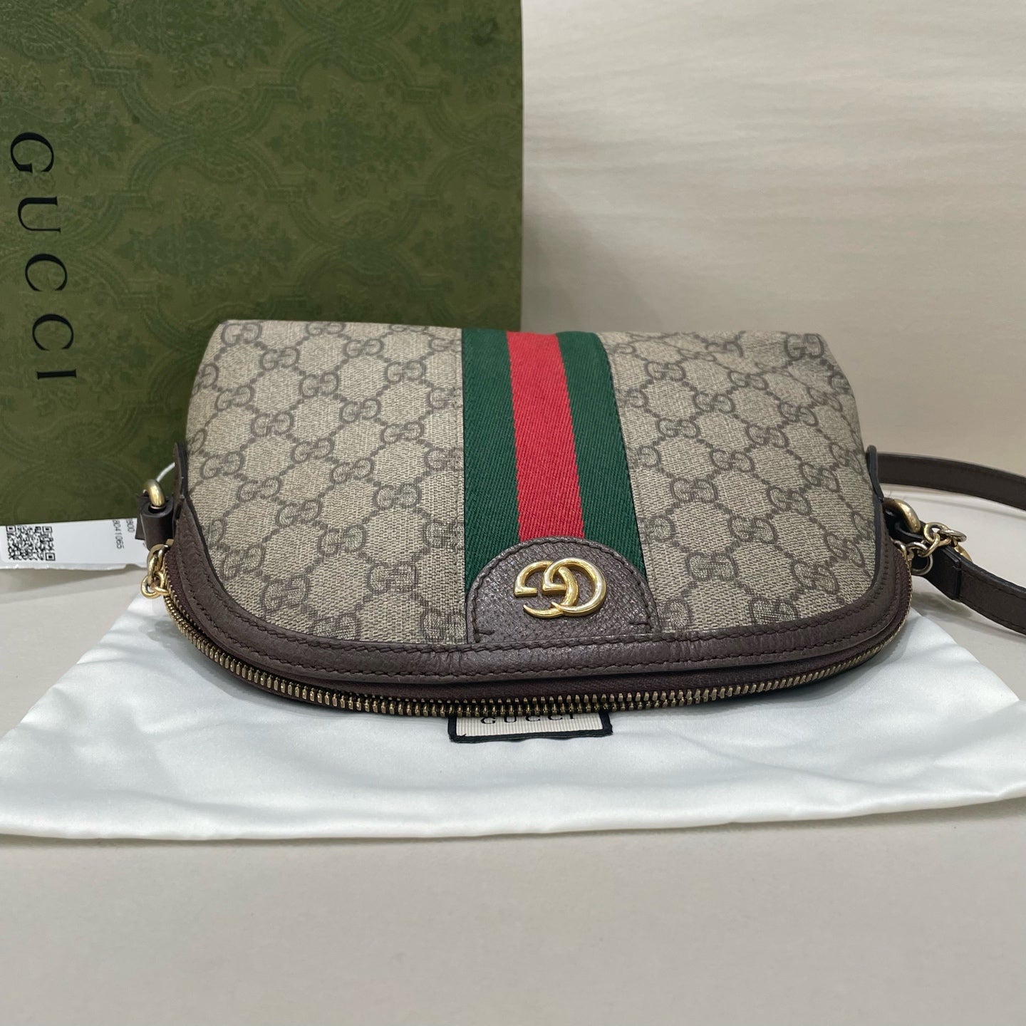 Gucci - Ophidia GG Small Shoulder Bag - GG Supreme canvas with leather trim - Beige and Ebony with Brown trim - (small)