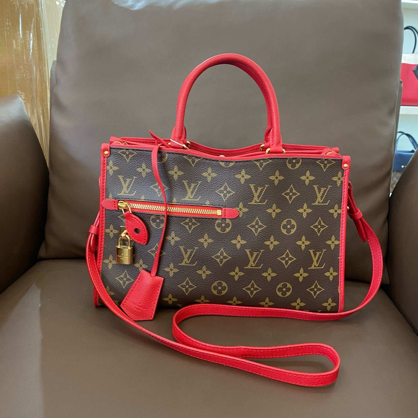 Louis Vuitton - Monogram Canvas Red Trim Top Handle Bag - Monogram coated canvas and leather - Brown and Red - (Medium)