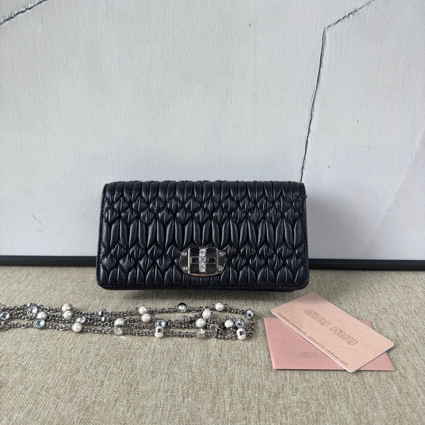 Miu Miu - 5BD046 Ruched Crystal Chain Wallet - Lambskin leather