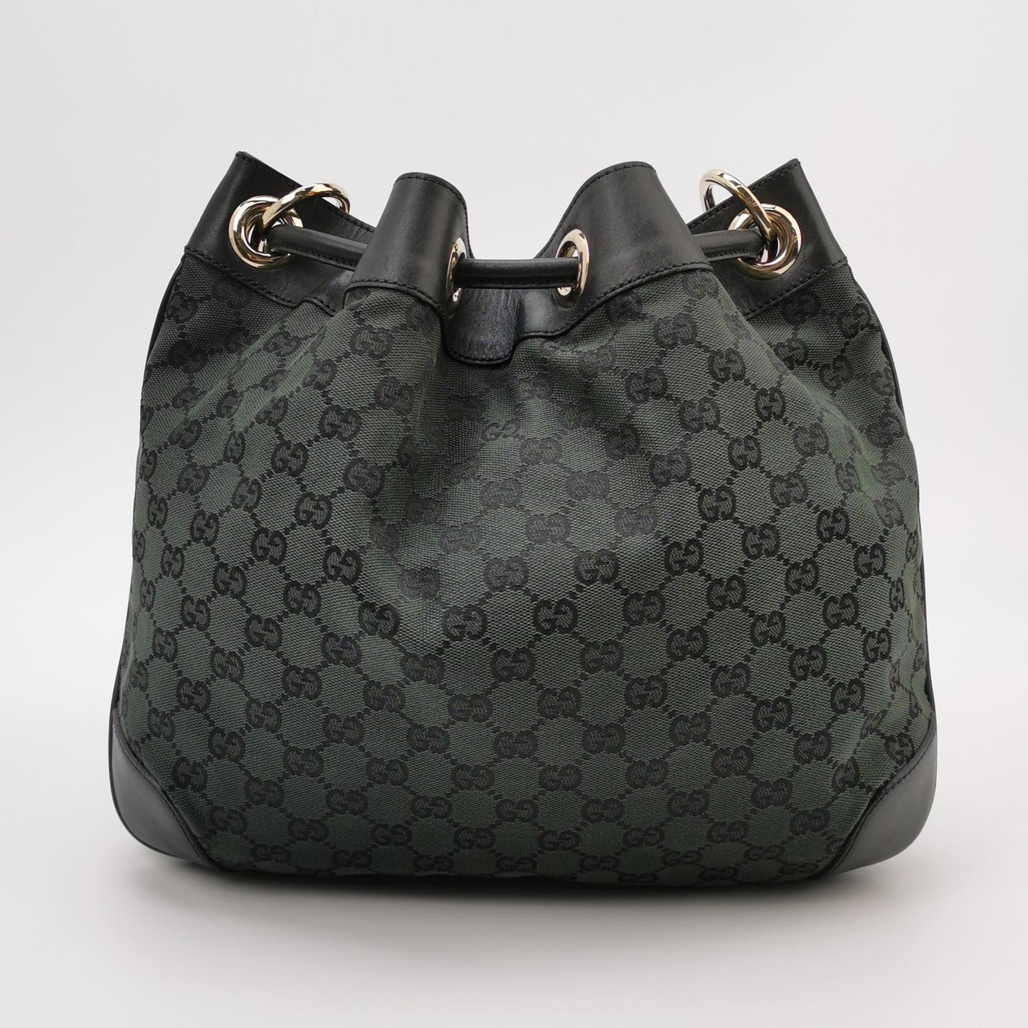 Gucci - GG Monogram Canvas Drawstring Bucket Bag - Canvas with leather trim - Dark Green with Black Trim - (Medium)