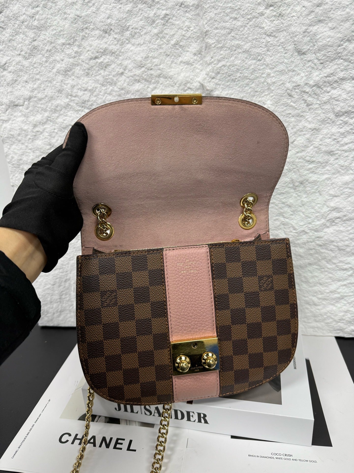 Louis Vuitton - Damier Ebene Pink Saddle Chain Bag - Coated canvas with grained leather trim - Brown and Pink with Gold-Tone Hardware - (Mini)