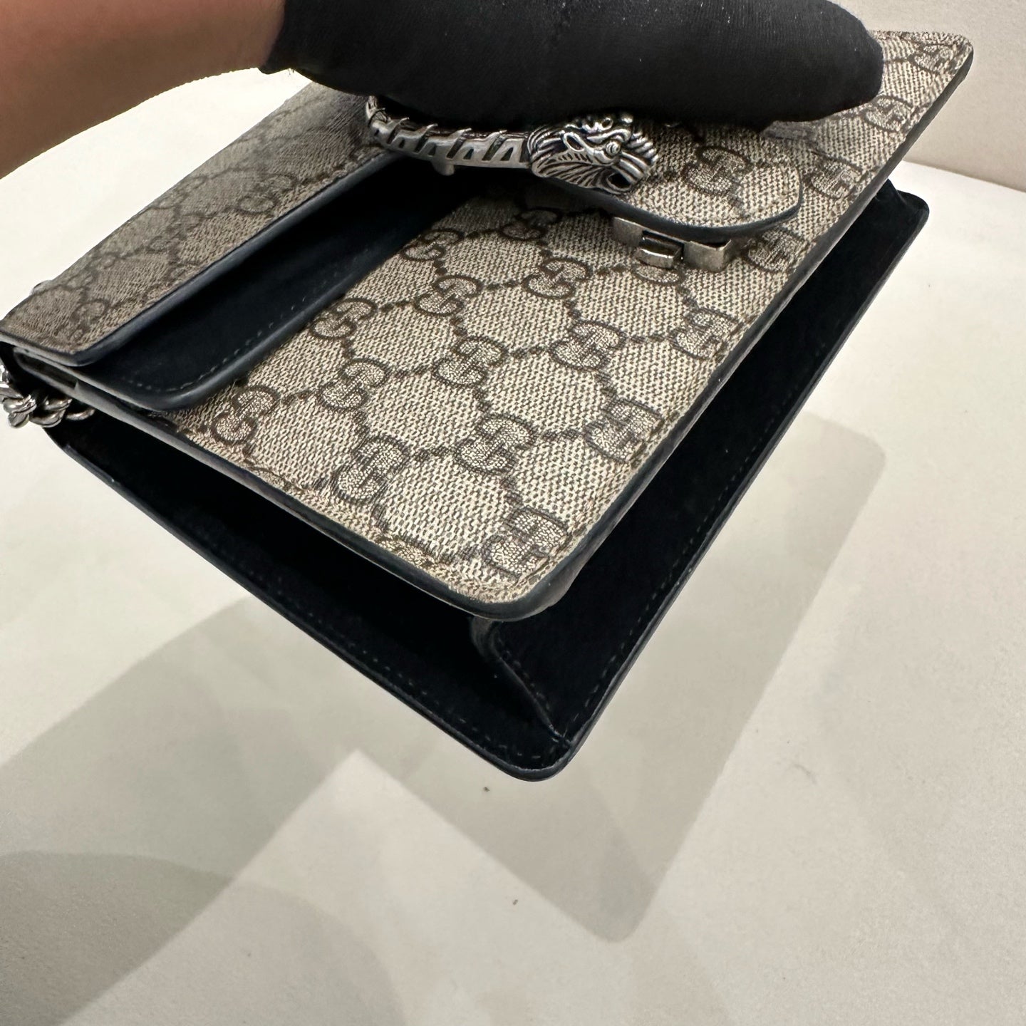 Gucci - Dionysus Mini Bag - GG Supreme coated canvas with black leather trim and black suede lining - Beige - (Small)