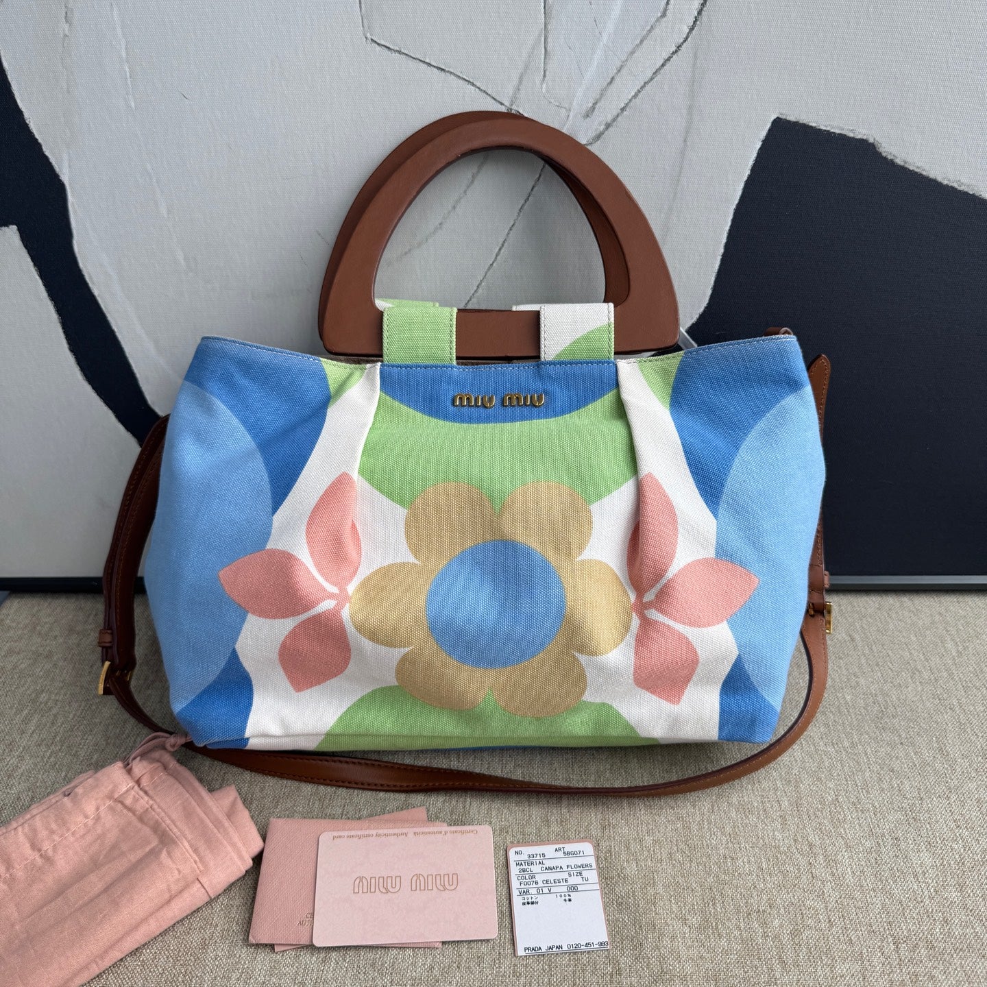 MiuMiu - Canapa Flowers Tote - Cotton canvas with leather trim and wooden handles - Multicolour - (Medium)