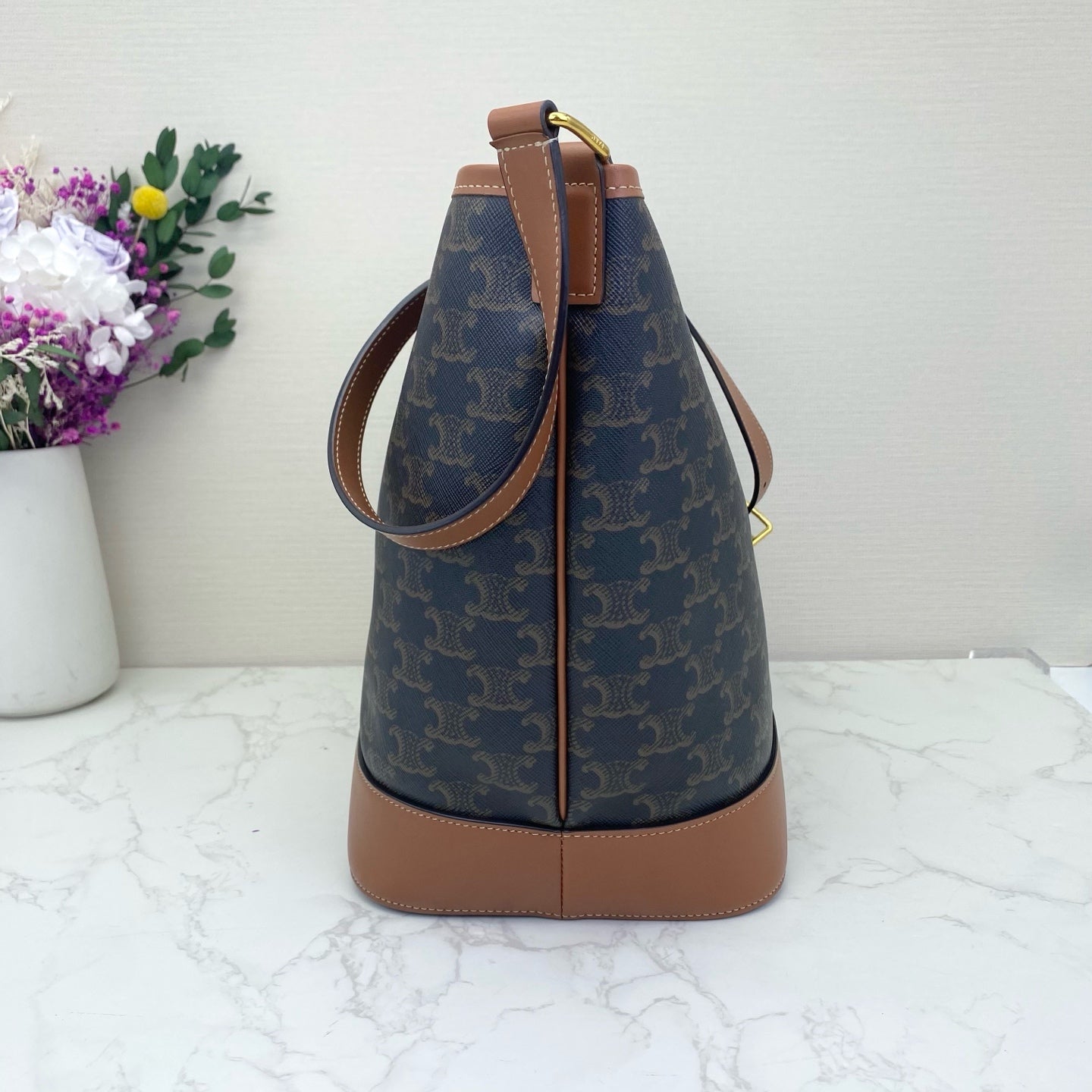 Celine - Cabas Triomphe Tote - Triomphe canvas with tan leather trim - Brown - (medium)