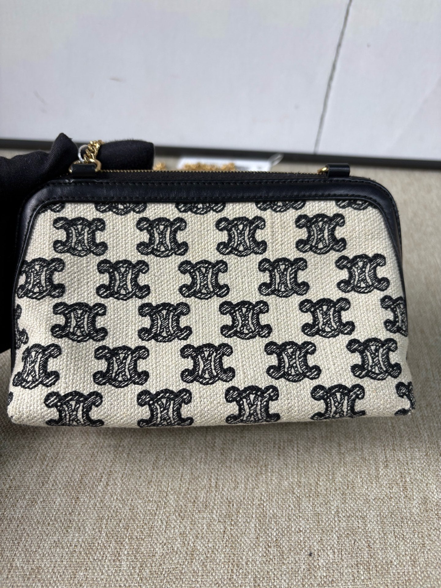 Celine - Mini Triomphe Canvas Pouch with Chain - Triomphe Canvas and Calfskin Leather - Beige, Black, Gold-Tone Hardware - (mini)