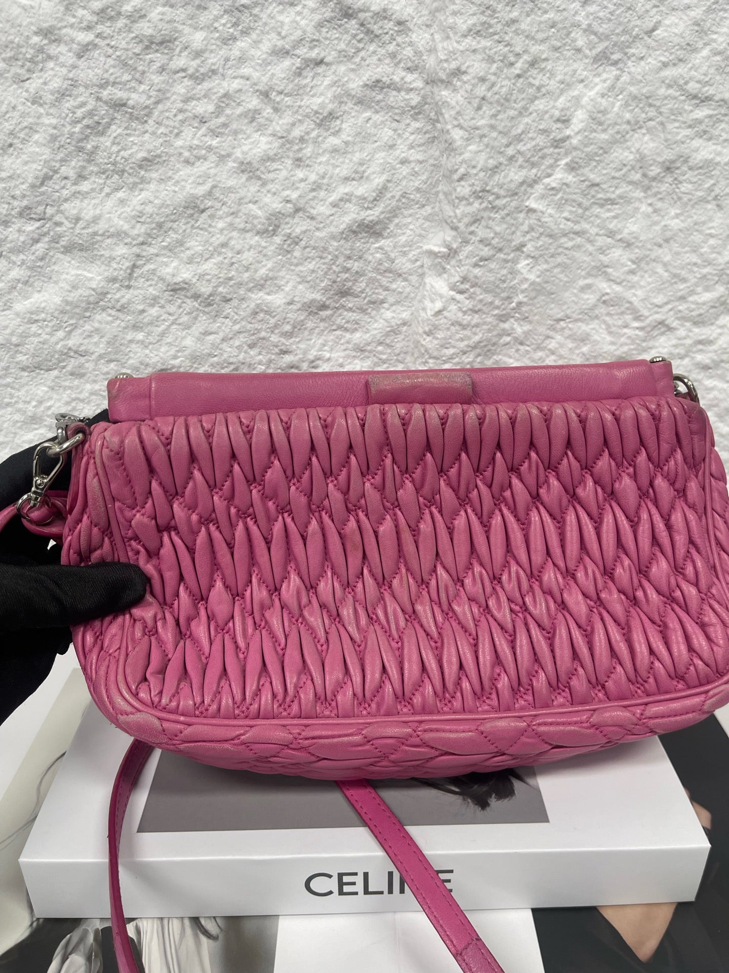 Miu Miu - Matelassé Gemstone Chain Shoulder Bag - Lambskin leather - Pink - (Small)