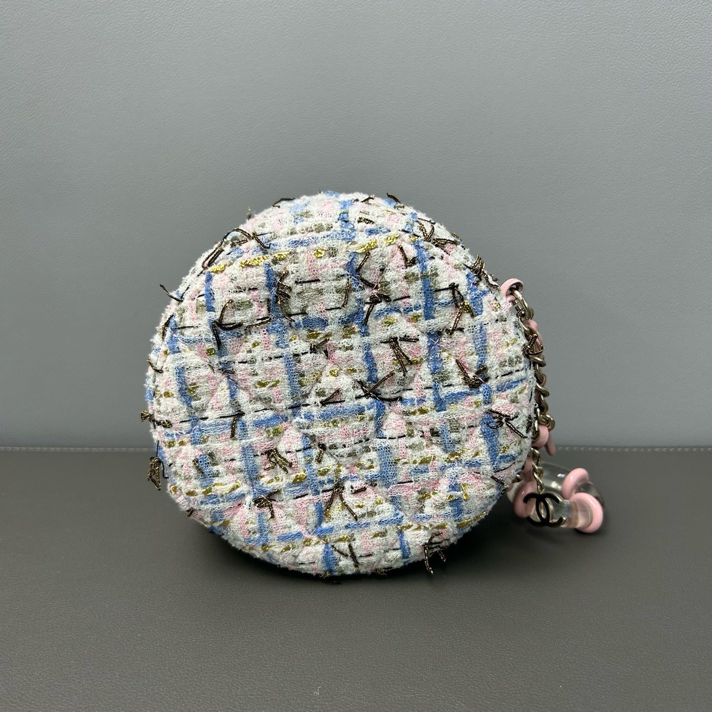 Chanel - Round Mini Chain Bag - Tweed with leather trim - Multicolour (White, Pink, Blue) with Pink accents - (mini)