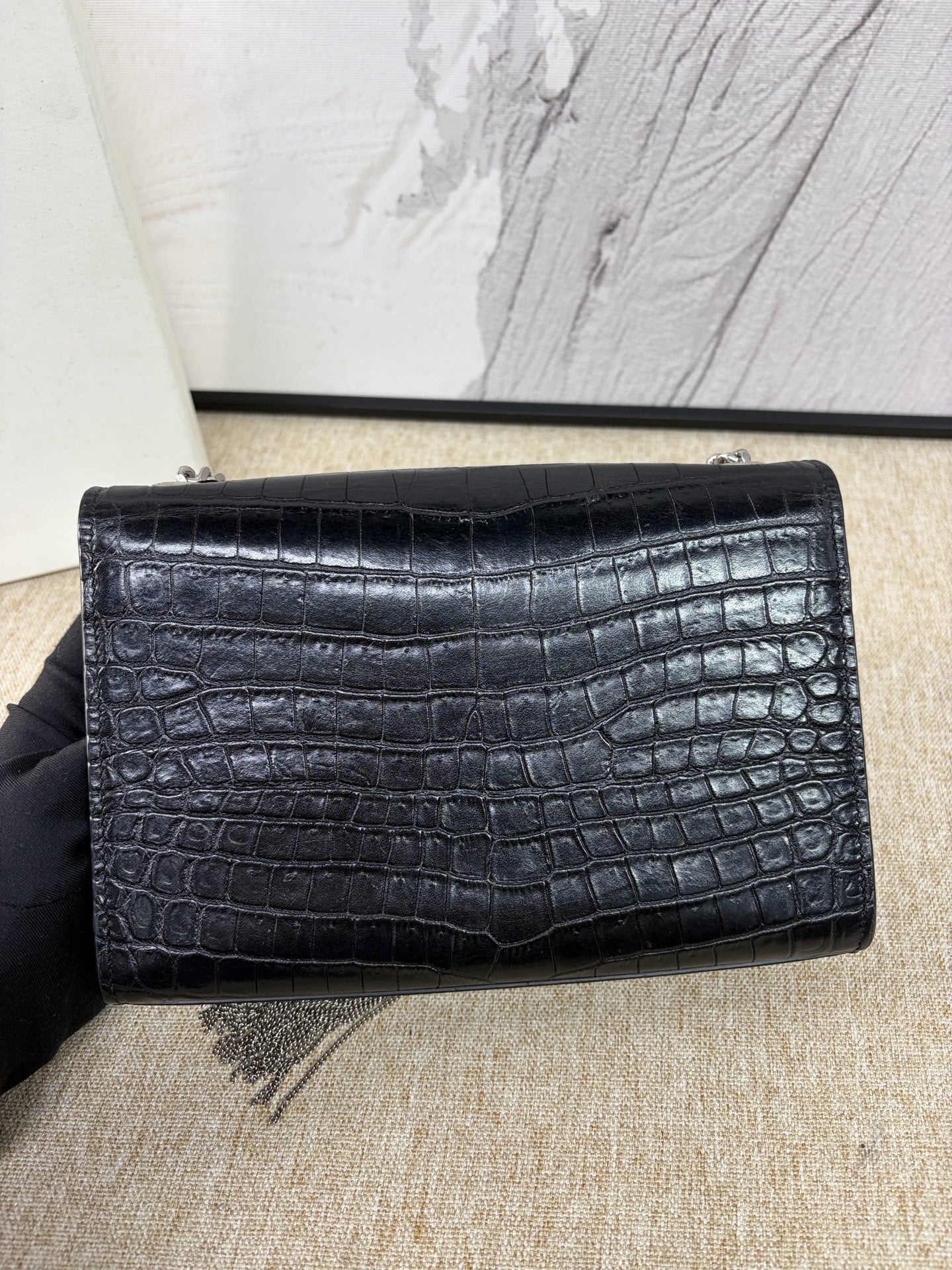 Saint Laurent - Kate Tassel Chain Bag - Calfskin leather with crocodile embossing - Black with Silver-Tone Hardware - (Small)