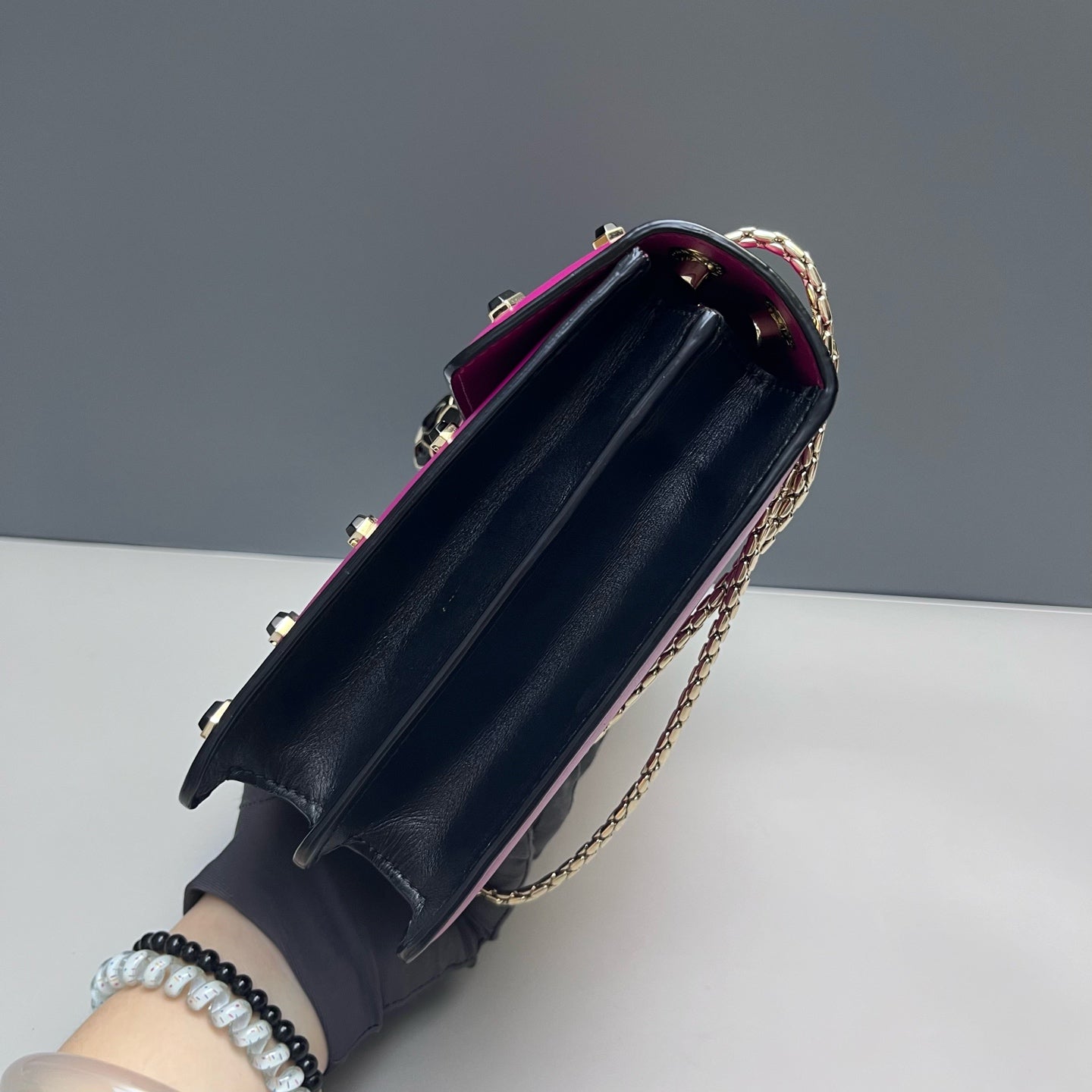 Bvlgari - Serpenti Forever Flap Bag with Studs - Smooth calf leather - Vibrant Magenta with Black Accents and Gold-Tone Hardware - (Medium)