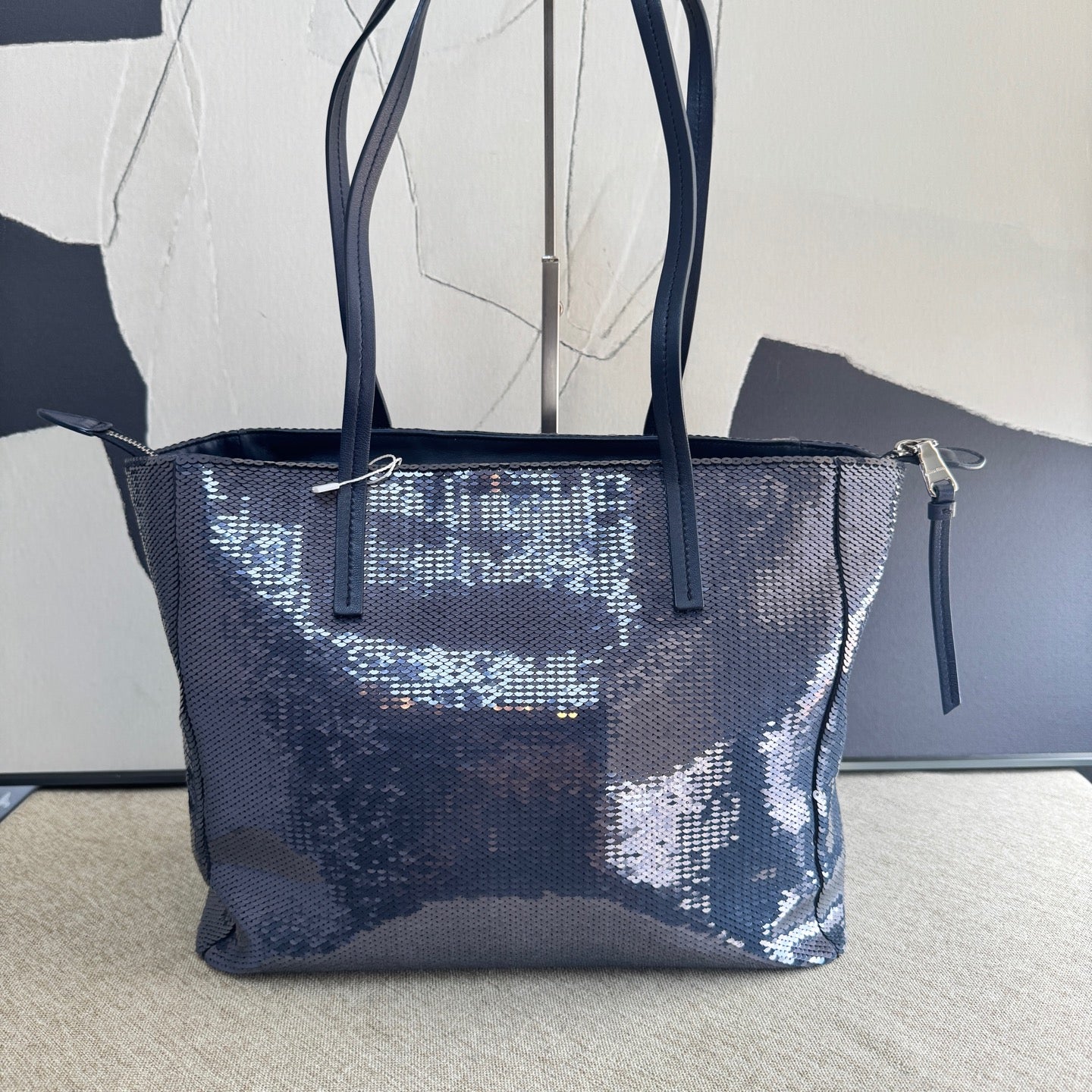 Miu Miu - 5BG147 Sequin Tote - Sequins on fabric with leather trim - Dark Blue - (medium)