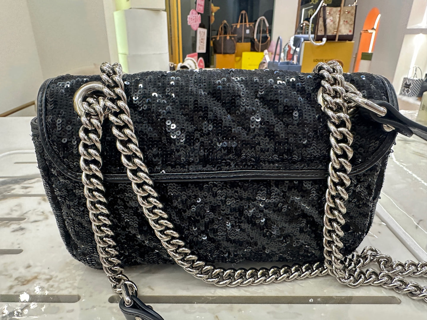 Gucci - GG Marmont Sequin Small Shoulder Bag - Sequin with leather trim - Black - (small)