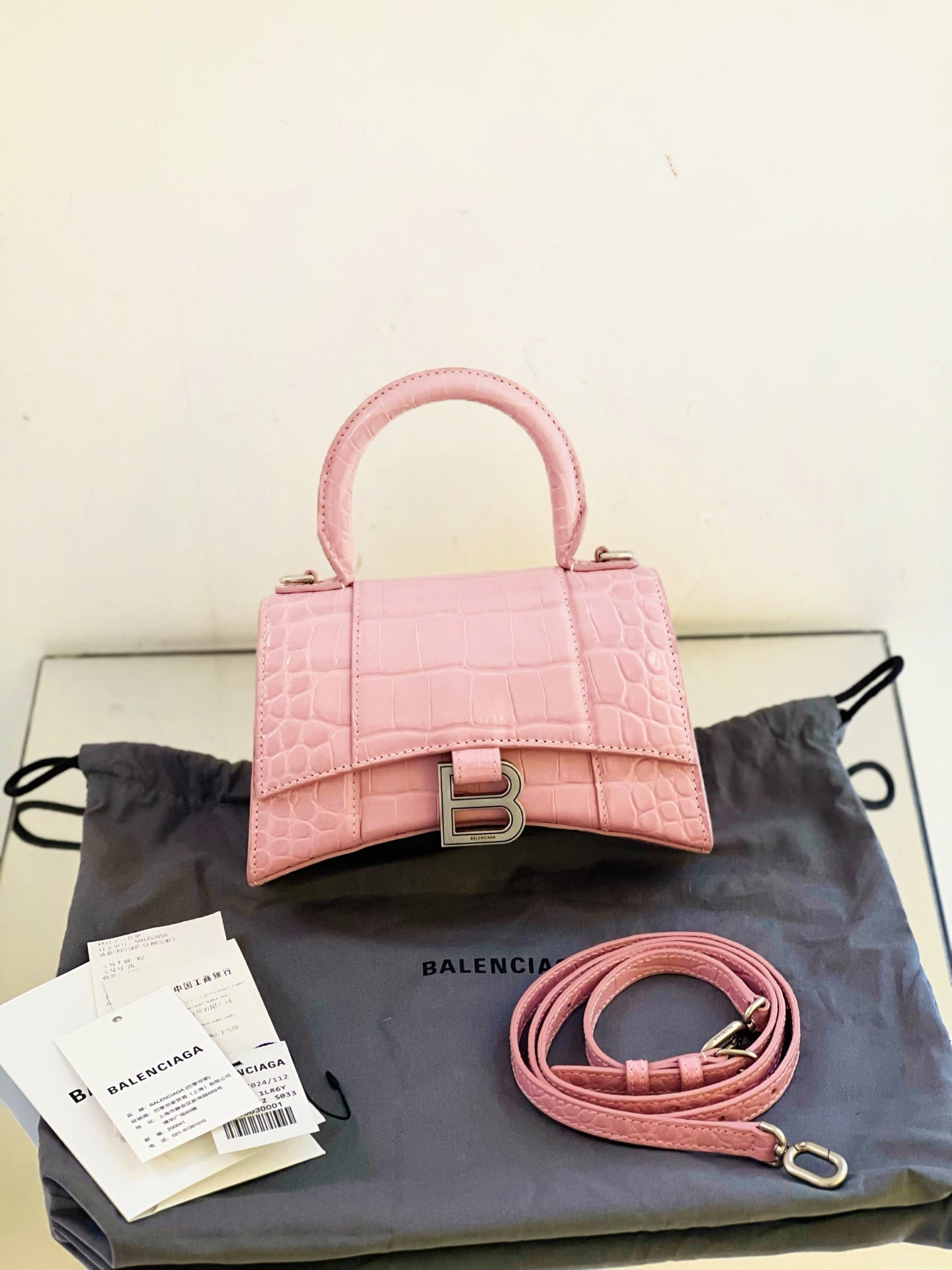 Balenciaga - Hourglass Bag XS - Patent leather with crocodile embossing - Pink with Silver-tone Hardware - (mini)