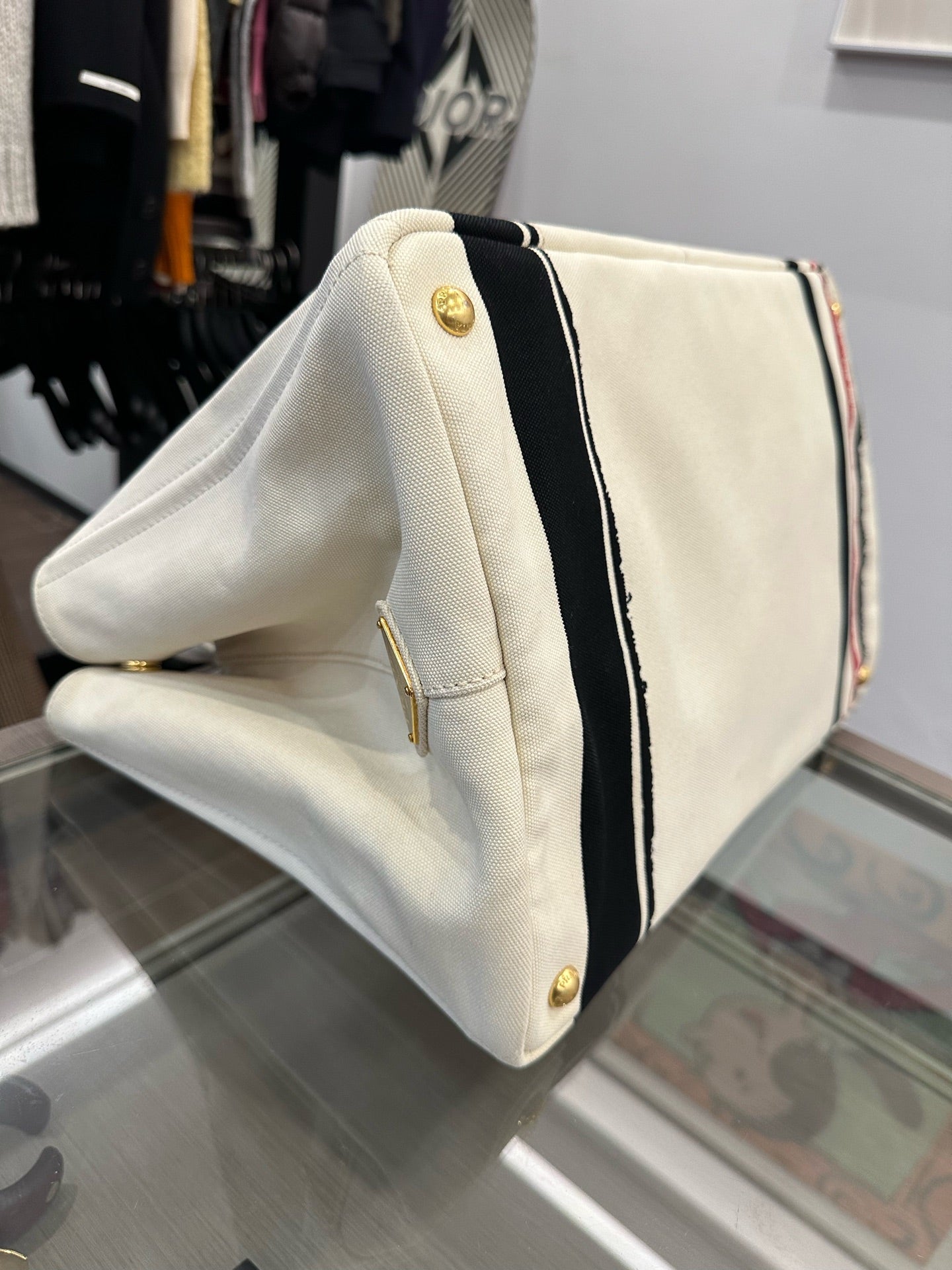 Prada - Canvas Striped Tote Bag - Canvas - White with Black and Red Stripes - (large)