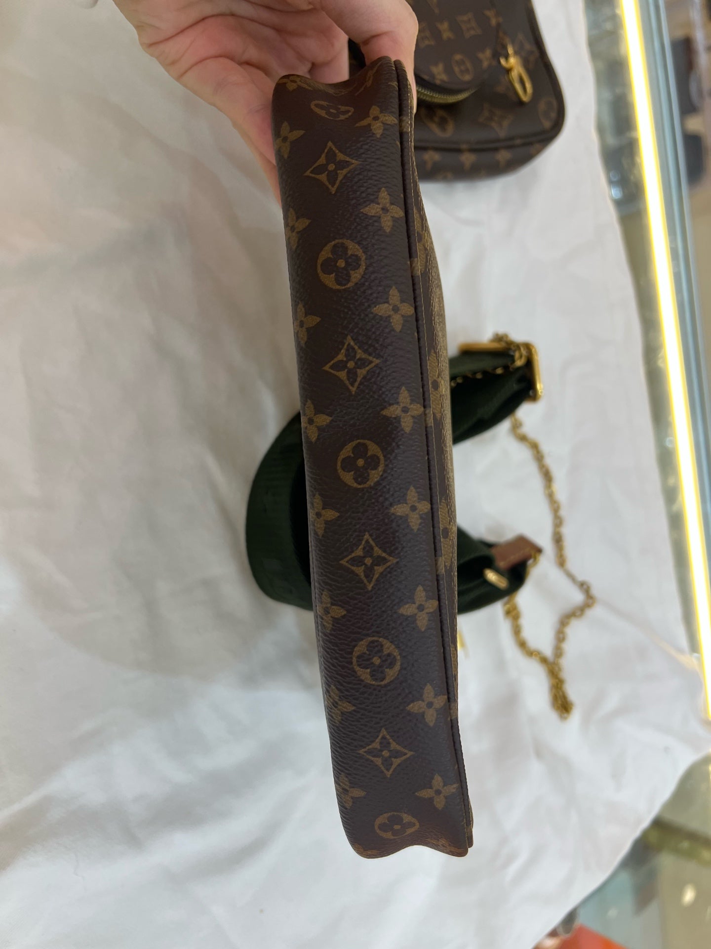 Louis Vuitton - Multi Pochette Accessoires - Monogram coated canvas with natural cowhide leather trim and textile strap - Brown (Monogram canvas) with Khaki Green strap - (Small)