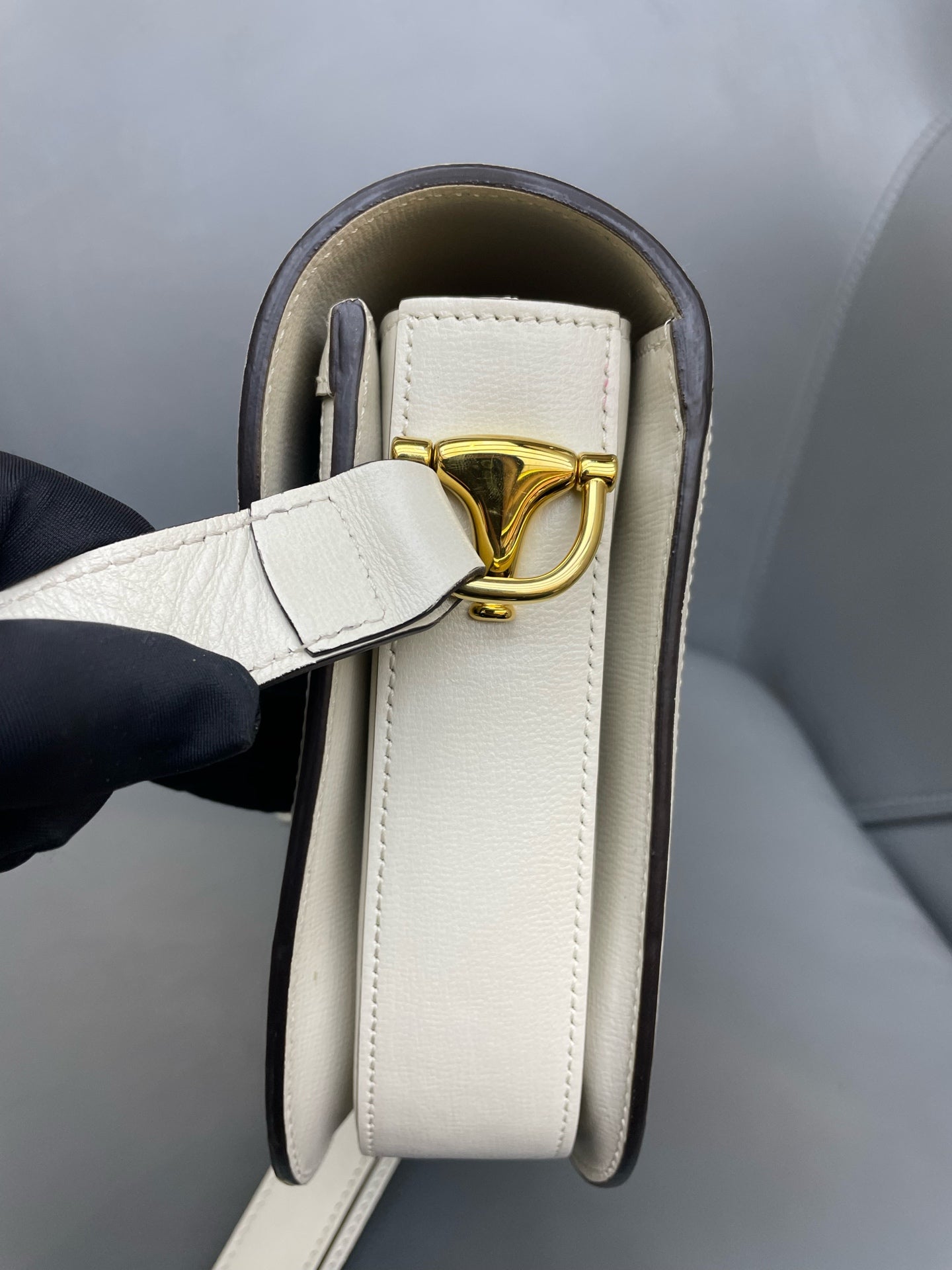 Gucci - 1955 Horsebit Shoulder Bag - GG Supreme Canvas with Leather Trim - White with Beige/Ebony Accents - (Medium)