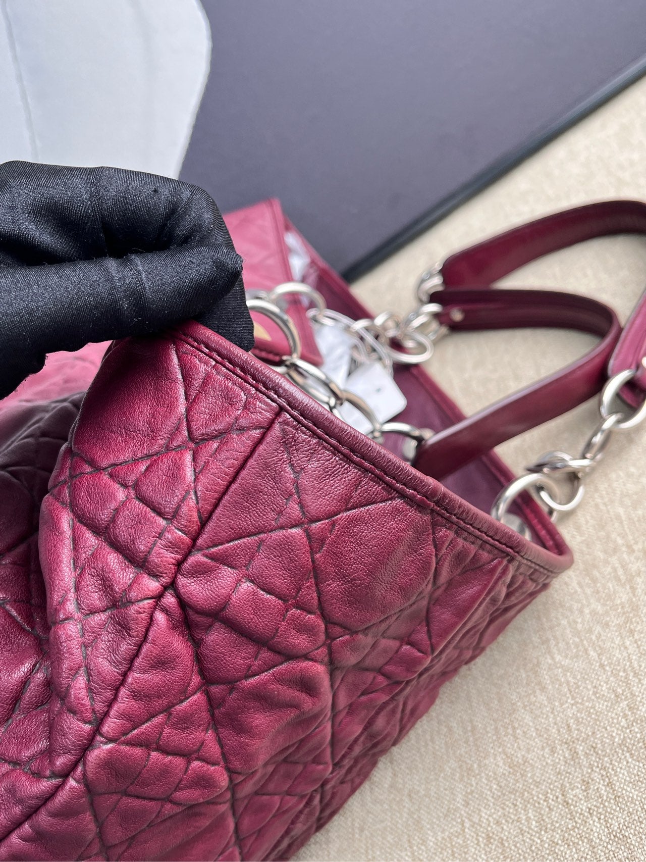 Dior - Lady Dior Cannage Tote Bag - Lambskin leather - Burgundy - (medium)