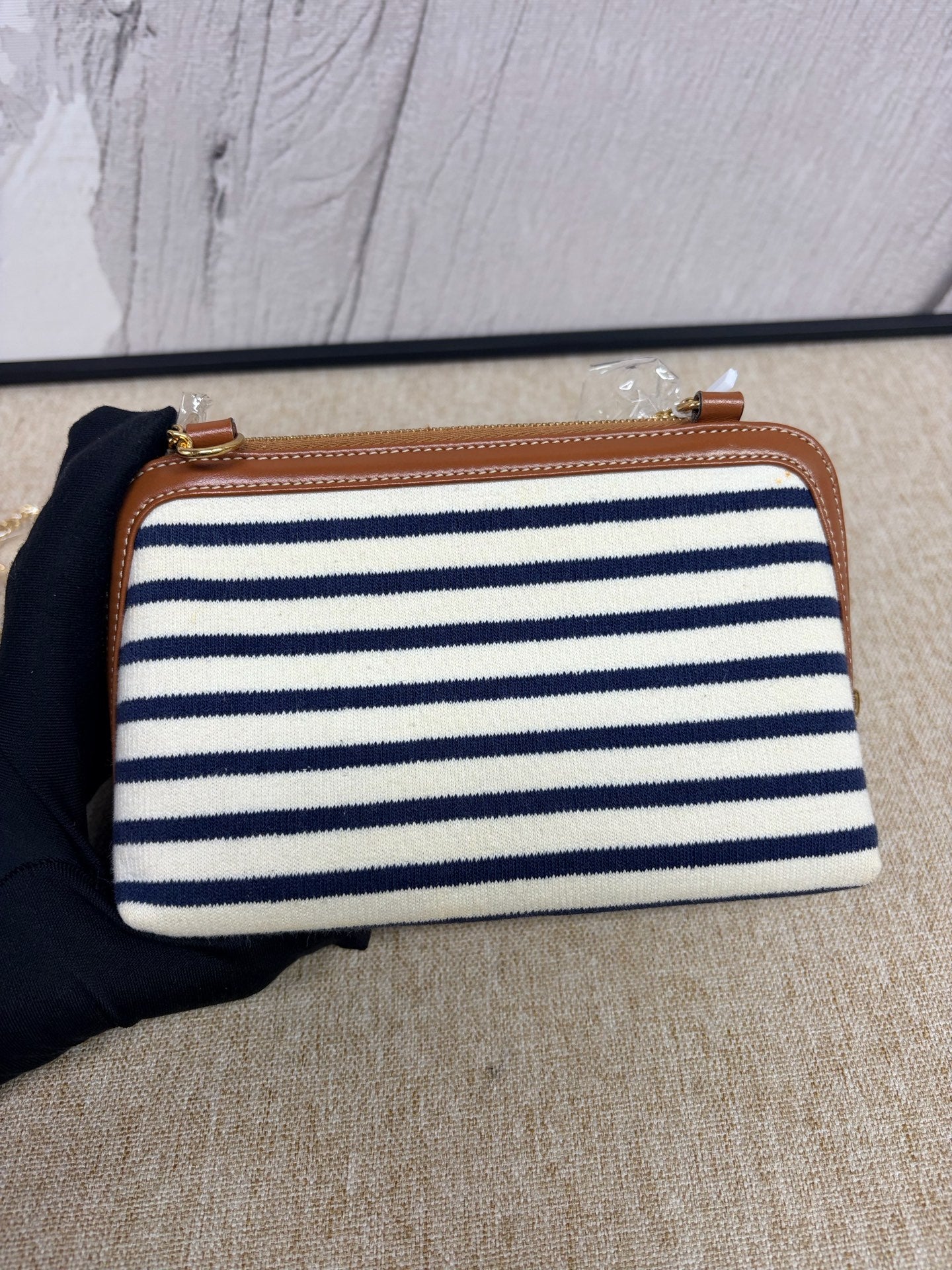 Celine - Triomphe Nautical Stripe Clutch on Chain - Canvas and Leather - Blue, White, Brown - (Mini)