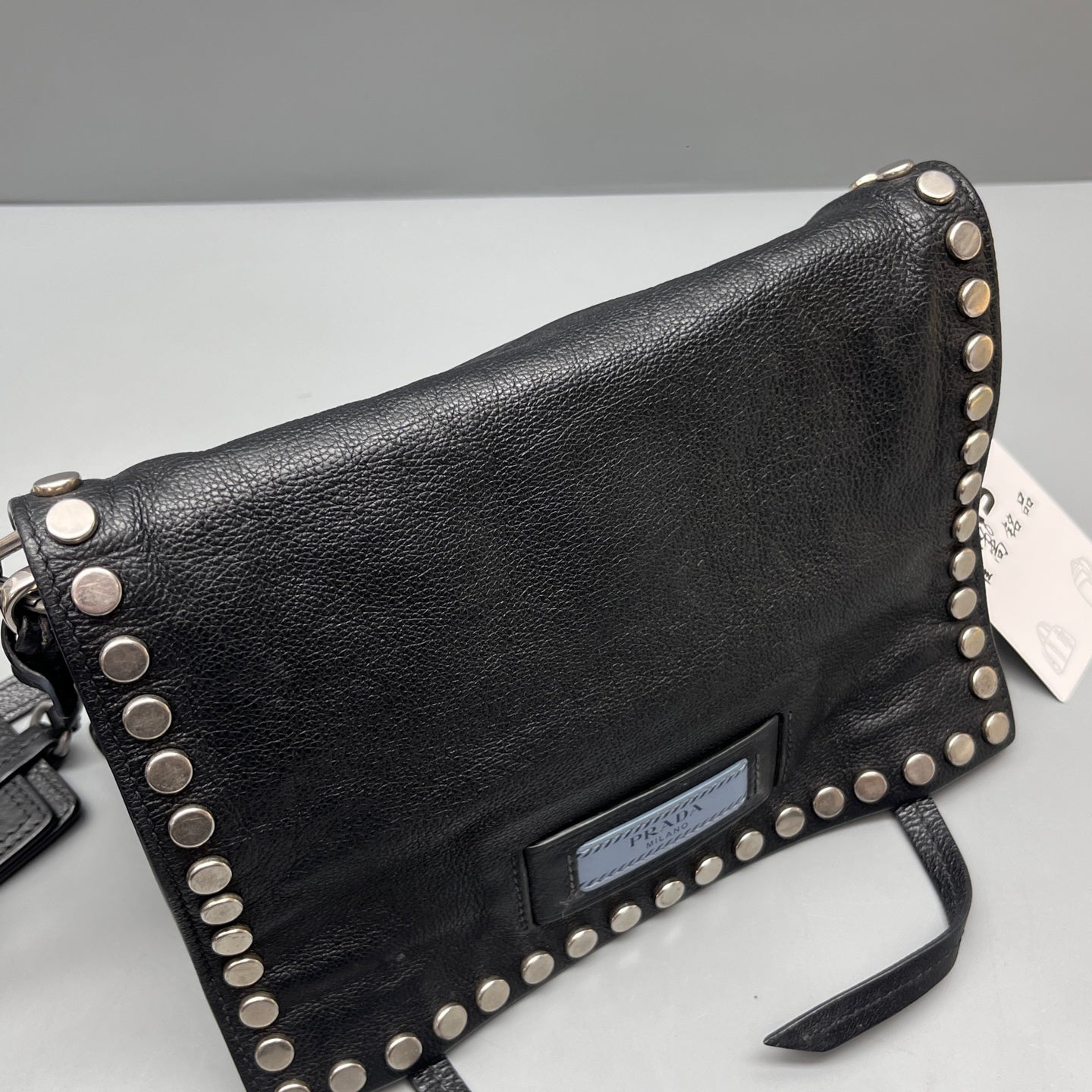 Prada - Etiquette Studded Messenger Bag - Leather - Black - (Mini)