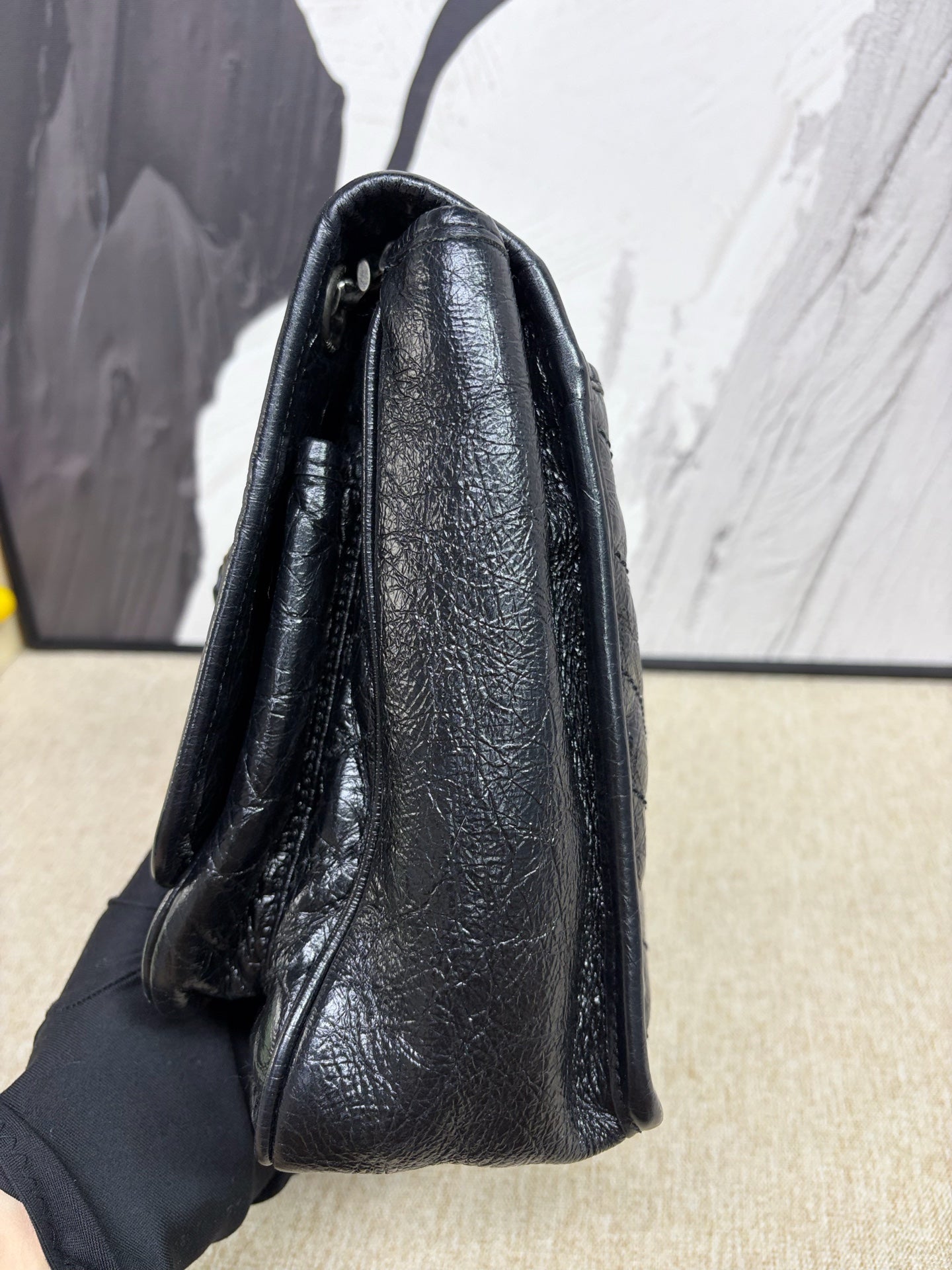 Saint Laurent - Niki Large - Oiled waxed calfskin leather - Black with Ruthenium-Tone Hardware - (Large)