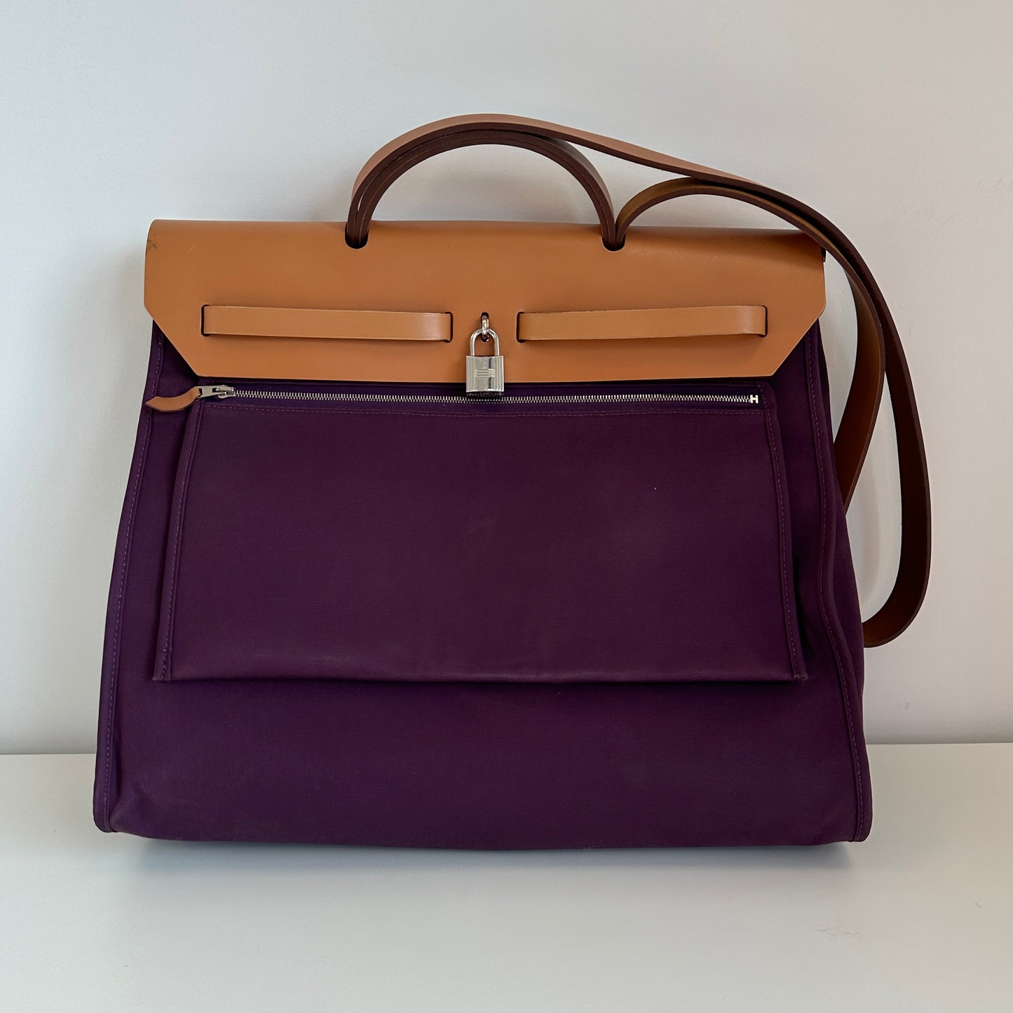 Hermès - Herbag Zip Retourne 39 - Toile canvas and Vache Hunter leather - Purple with Brown trim and Silver-Tone Hardware - (large)