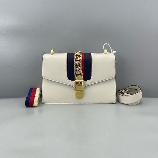 Gucci - Sylvie - Smooth calfskin leather with fabric Web stripe - White - (medium)