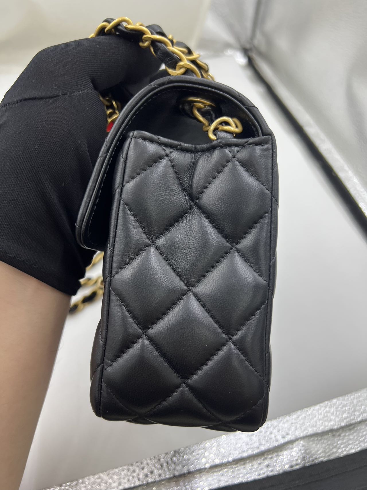 Chanel - Rectangular Mini Flap Bag with Coin Charm Chain - Lambskin leather - Black - (mini)